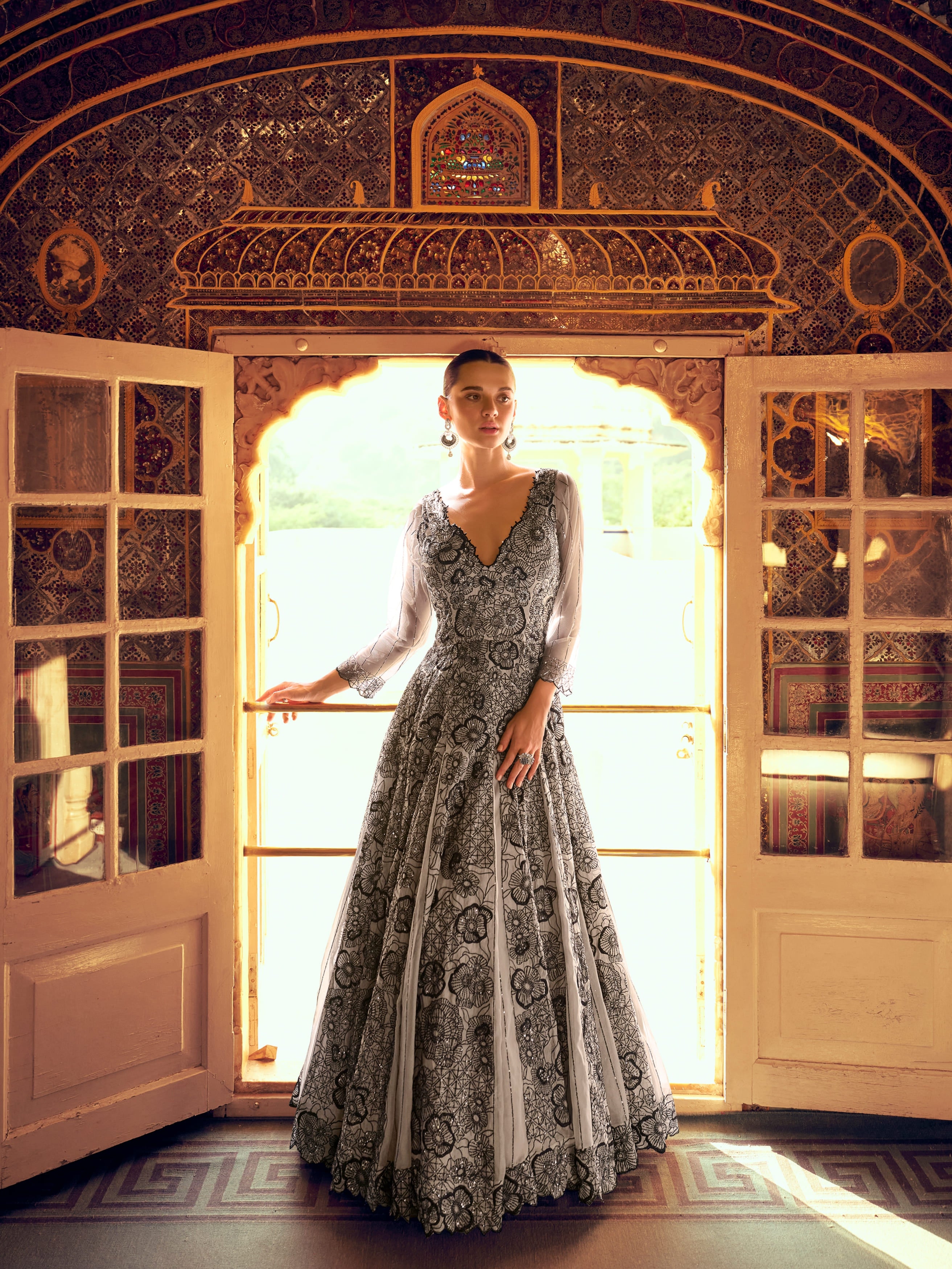 Grey Jacquard Silk Embroidered Gown with Cancan