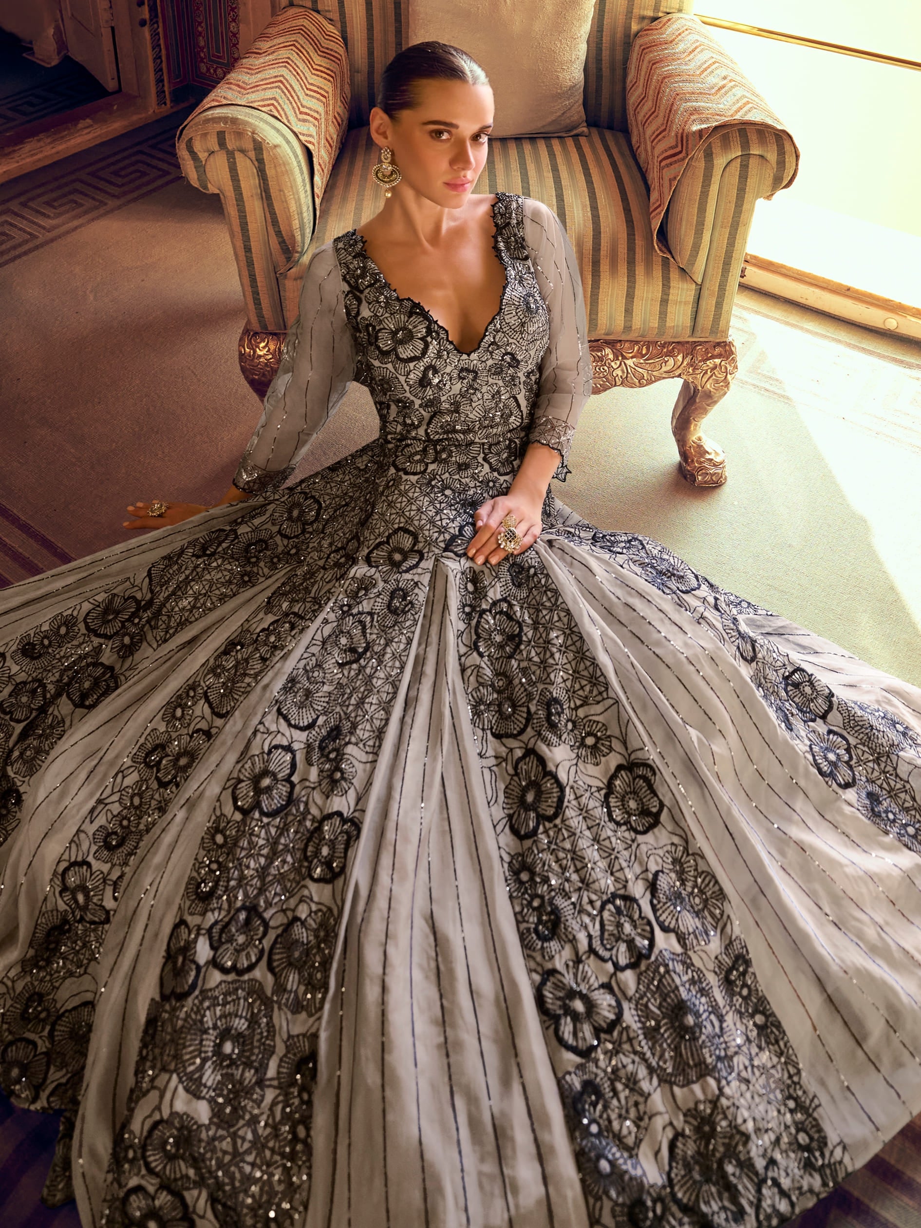 Grey Jacquard Silk Embroidered Gown with Cancan