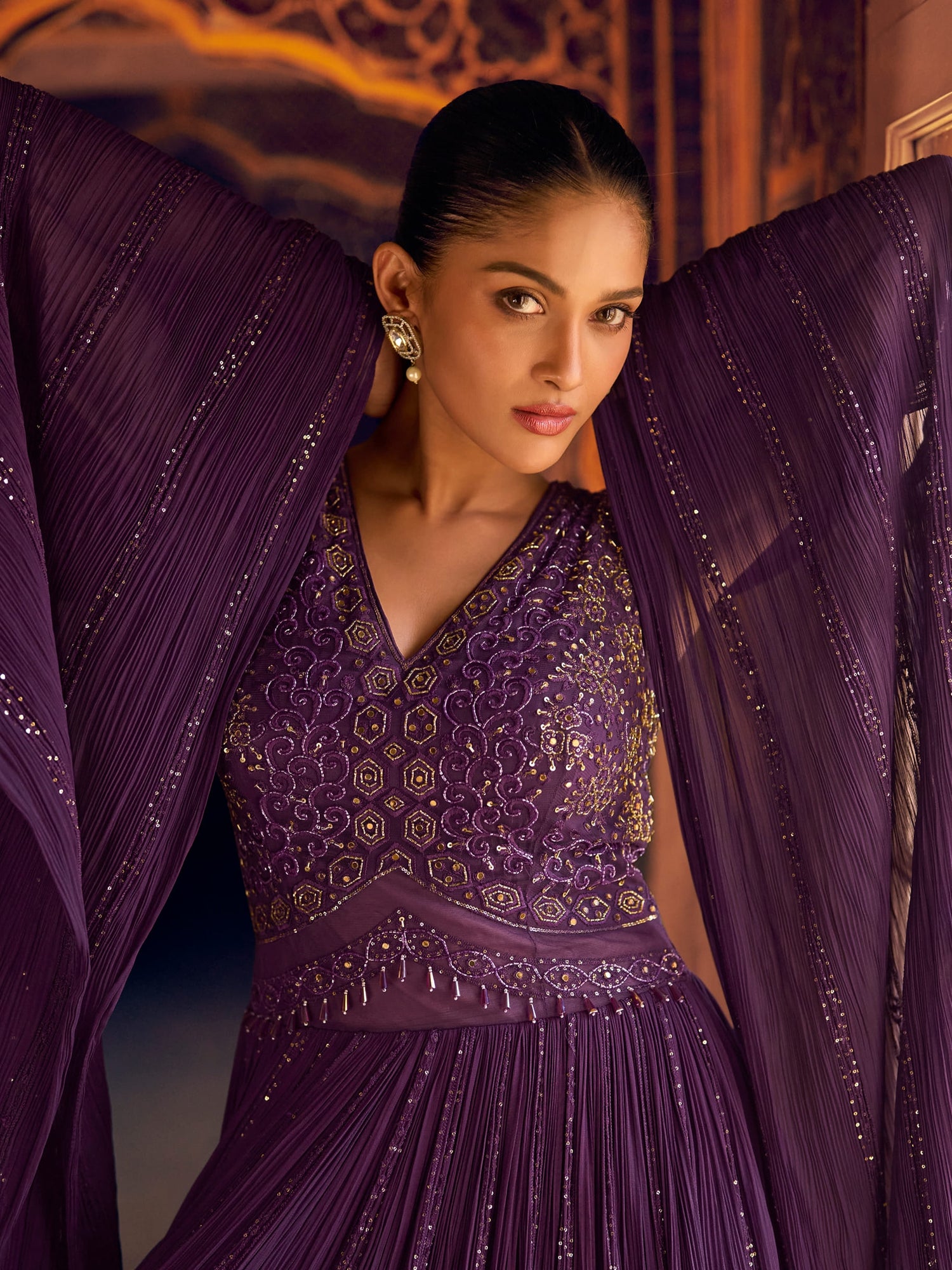 Purple Real Georgette Embroidered Anarkali Gown with Dupatta
