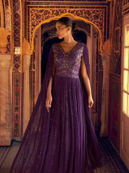 Purple Real Georgette Embroidered Anarkali Gown with Dupatta