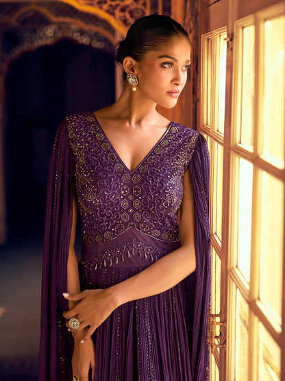 Purple Real Georgette Embroidered Anarkali Gown with Dupatta