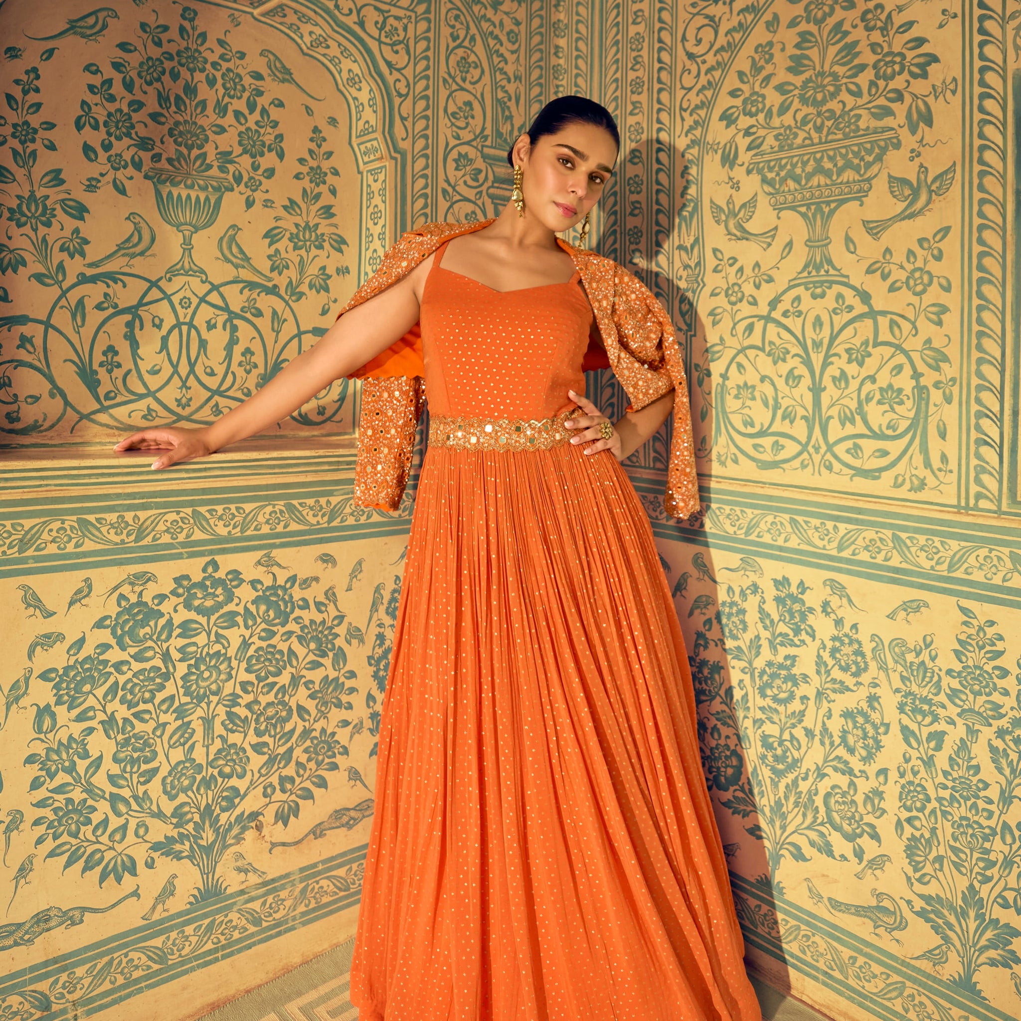 Orange Jacquard Silk Embroidered Anarkali Gown with Dupatta