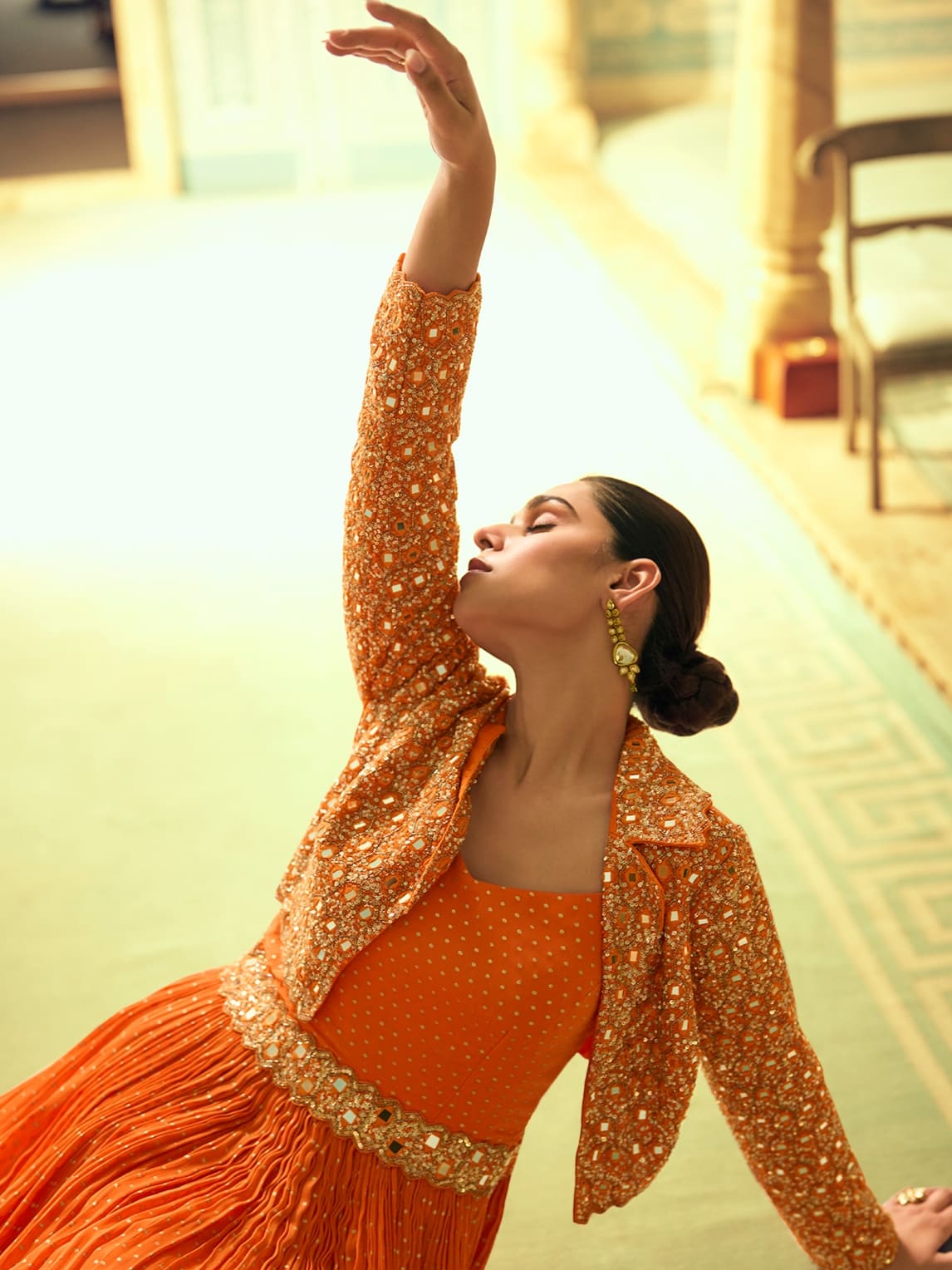 Orange Jacquard Silk Embroidered Anarkali Gown with Dupatta