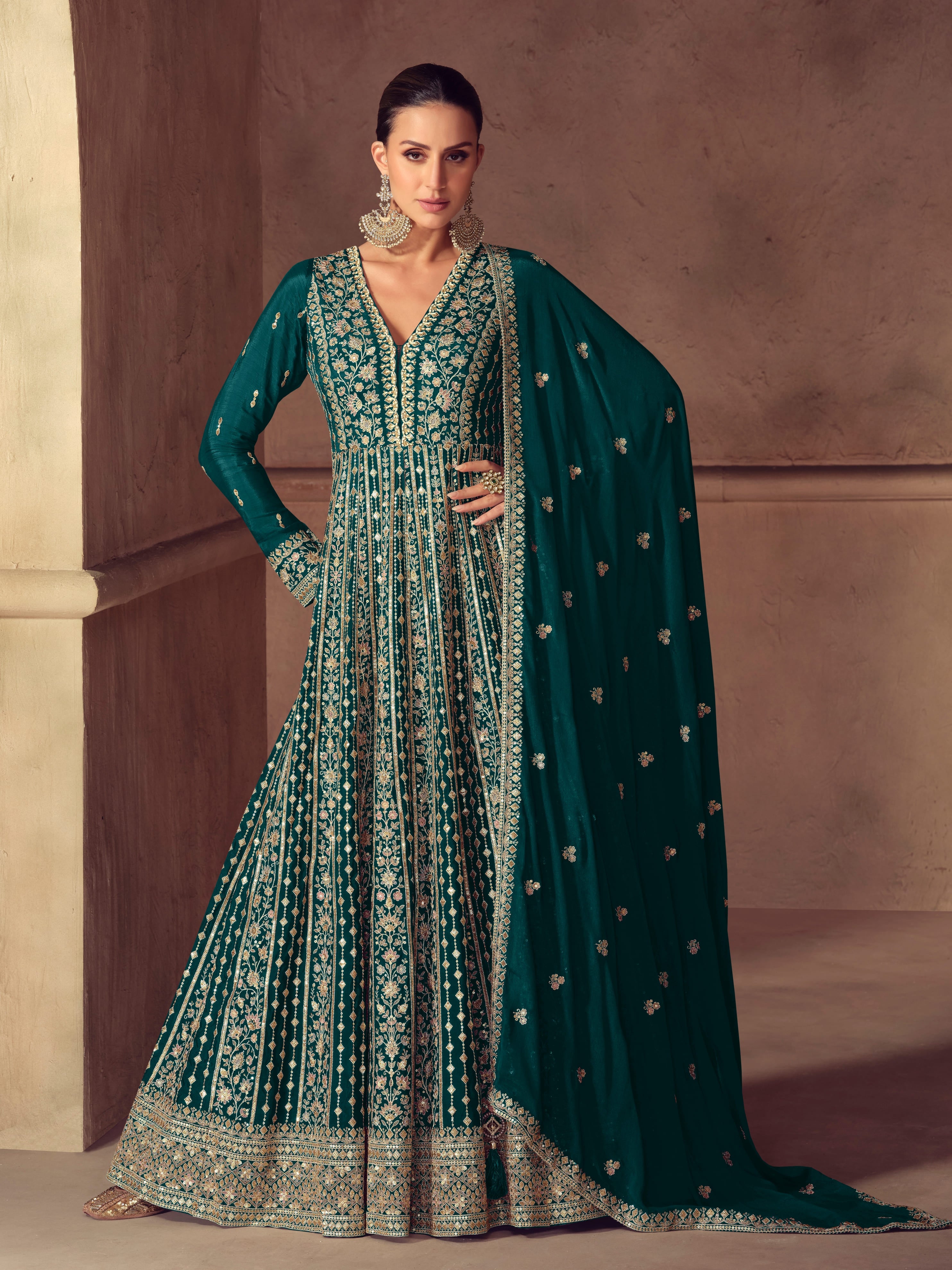 Real Chinon Embroidered Anarkali Suit with Dupatta