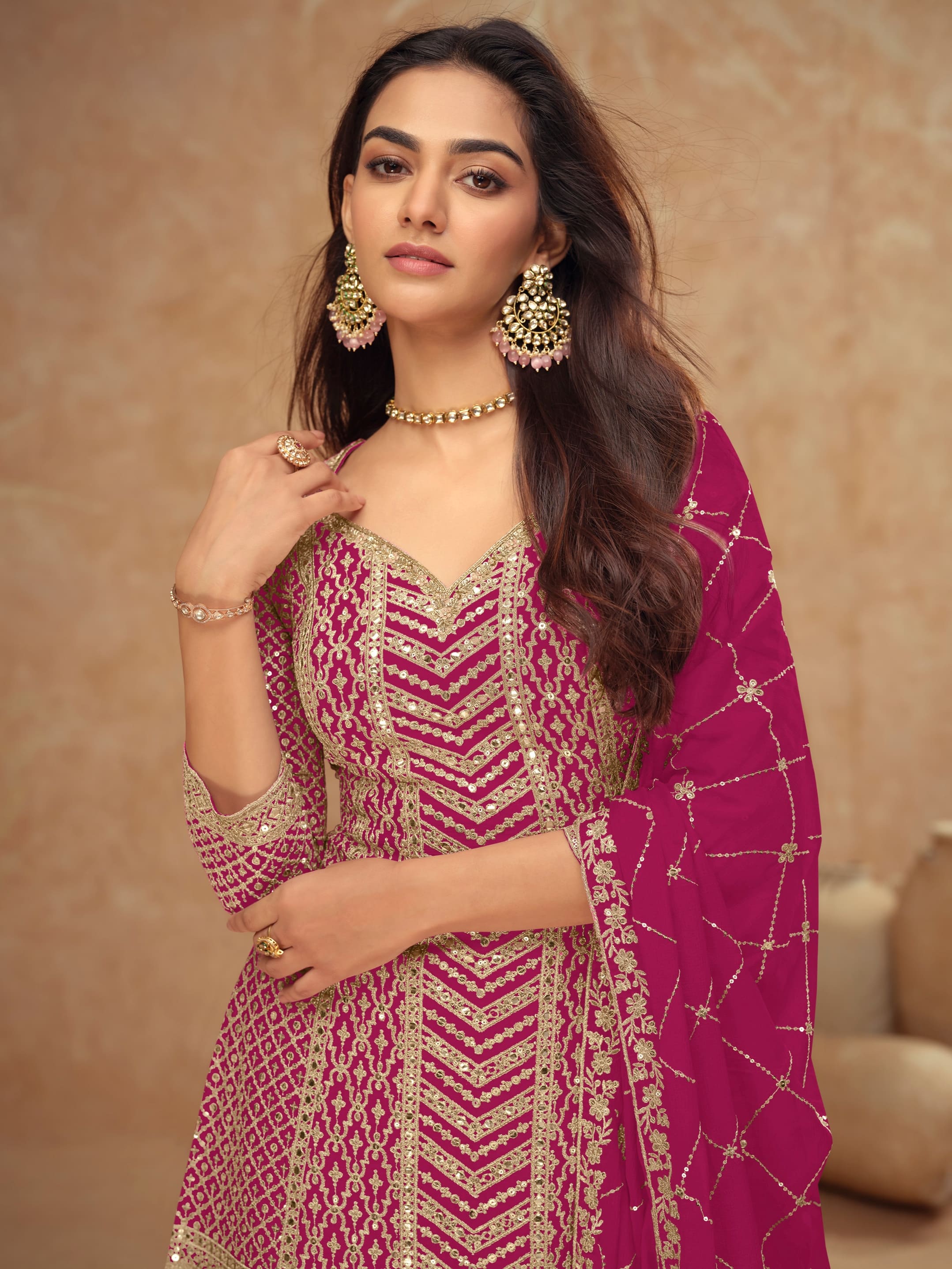 Real Chinon Embroidered Palazzo Suit with Dupatta