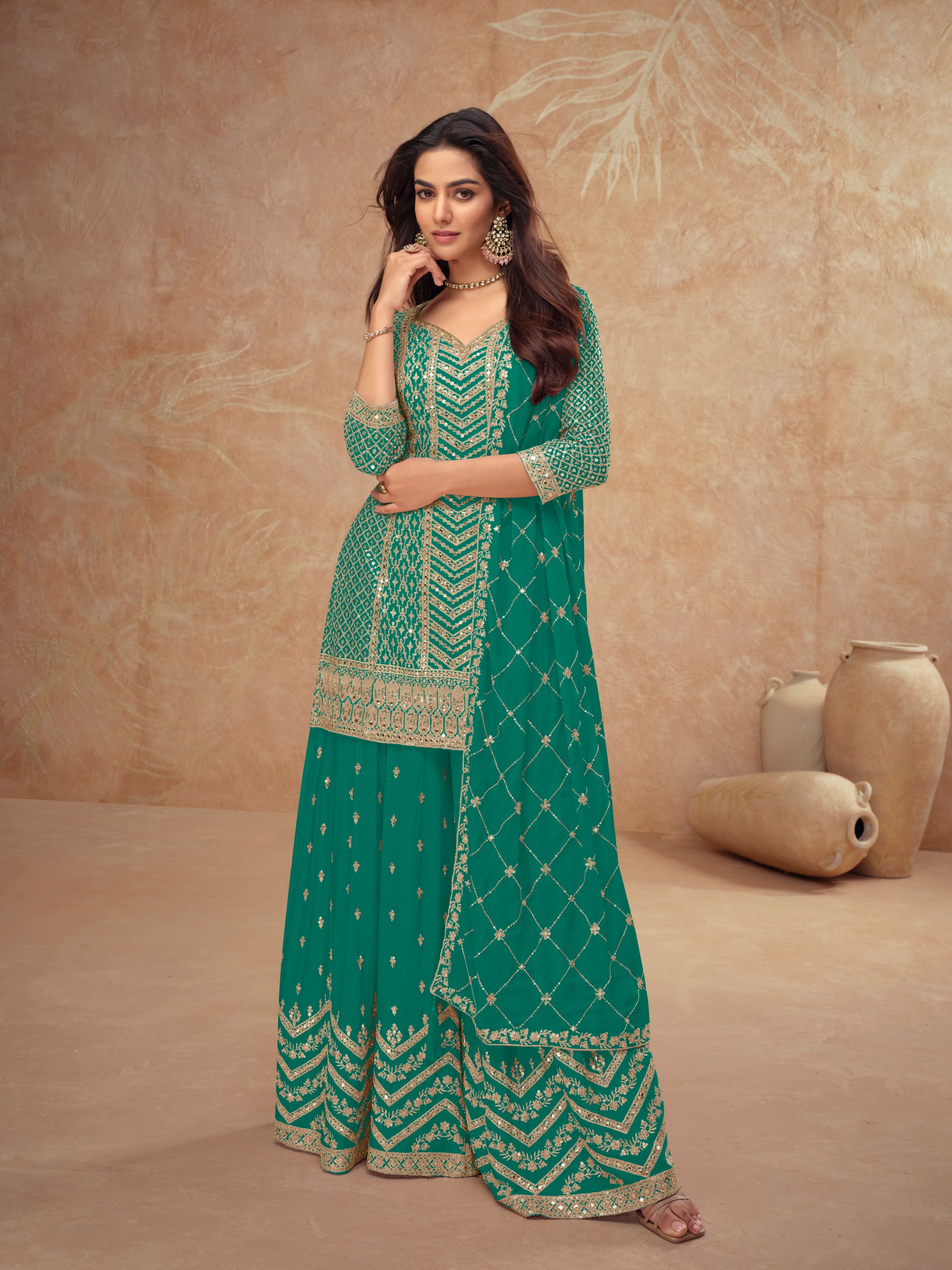Real Chinon Embroidered Palazzo Suit with Dupatta