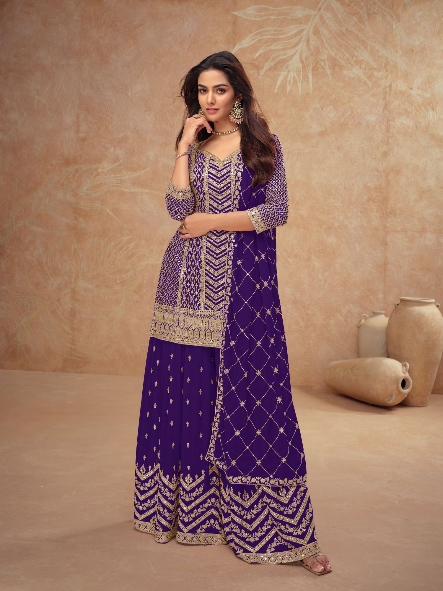 Real Chinon Embroidered Palazzo Suit with Dupatta