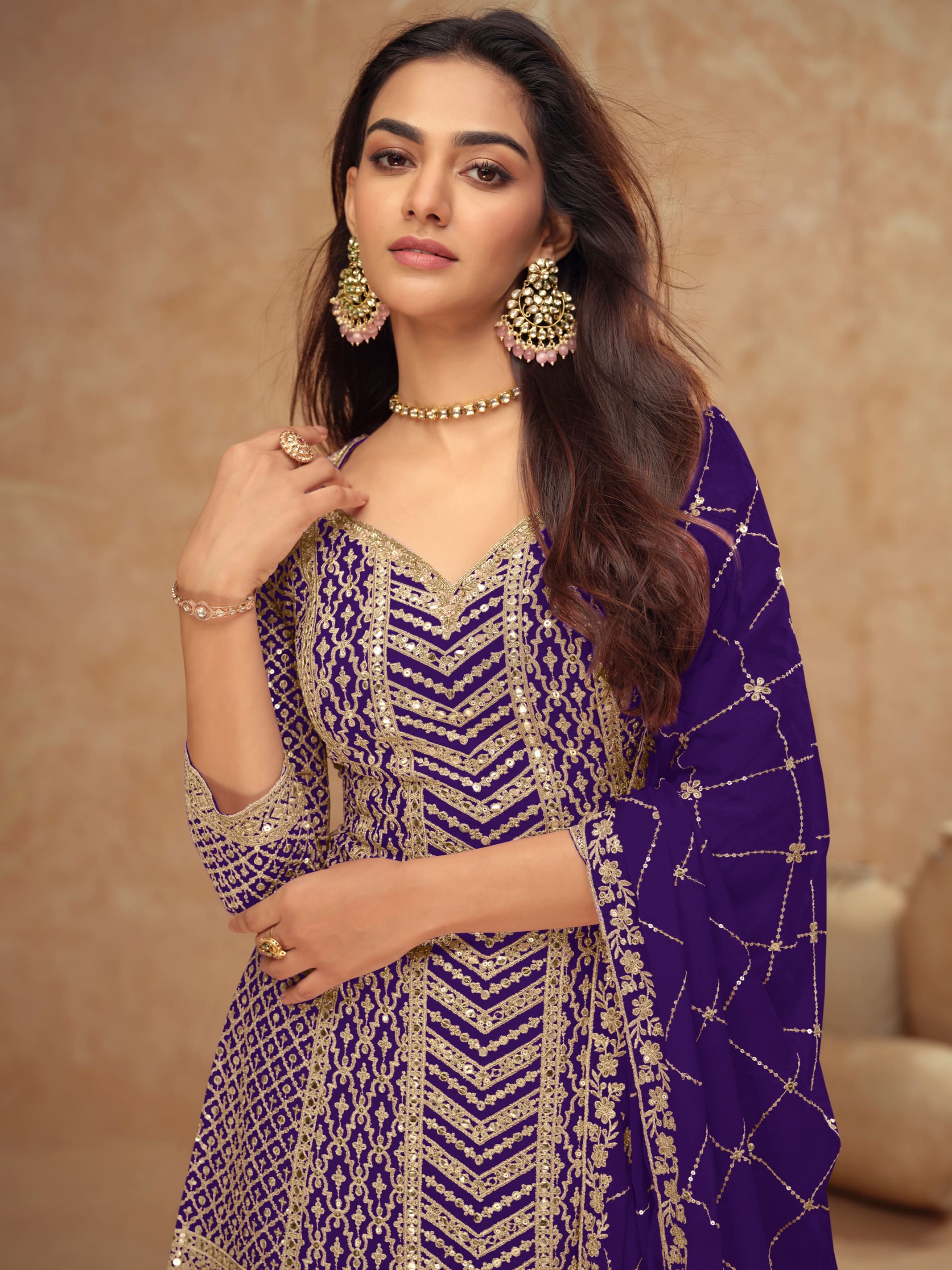 Real Chinon Embroidered Palazzo Suit with Dupatta