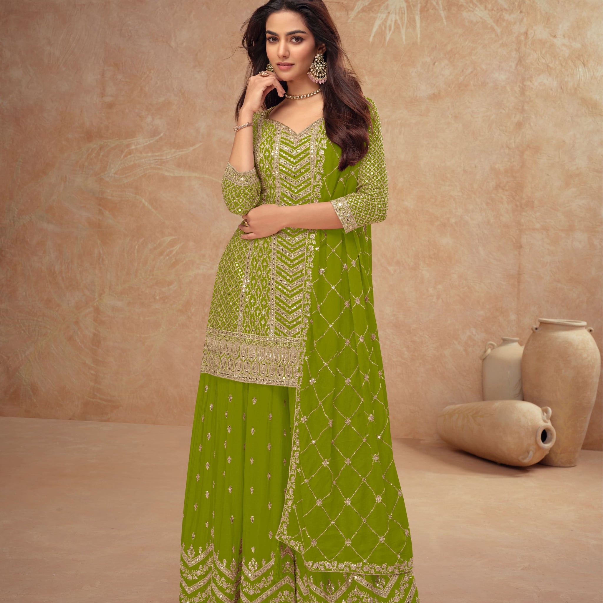 Real Chinon Embroidered Palazzo Suit with Dupatta