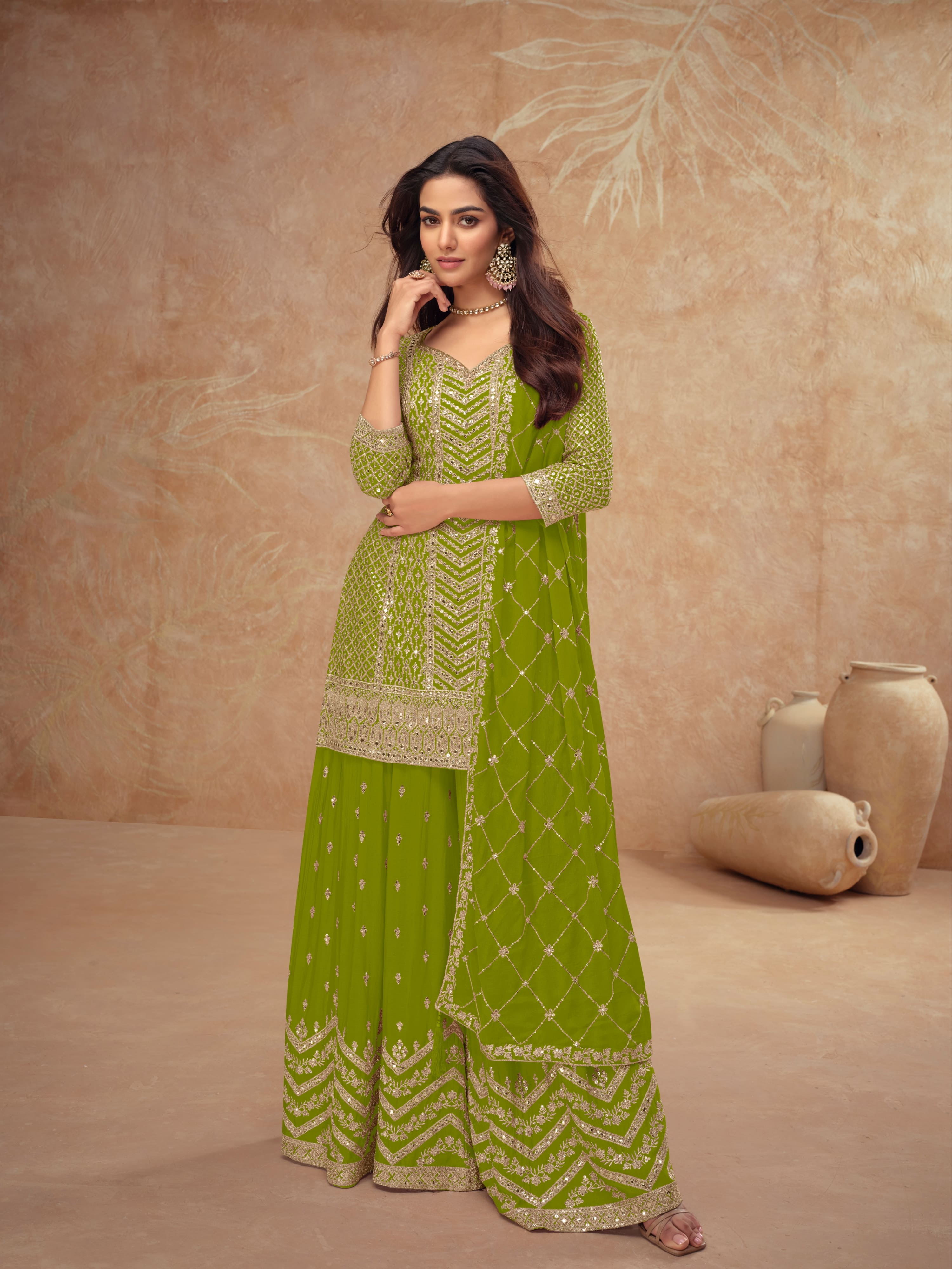 Real Chinon Embroidered Palazzo Suit with Dupatta