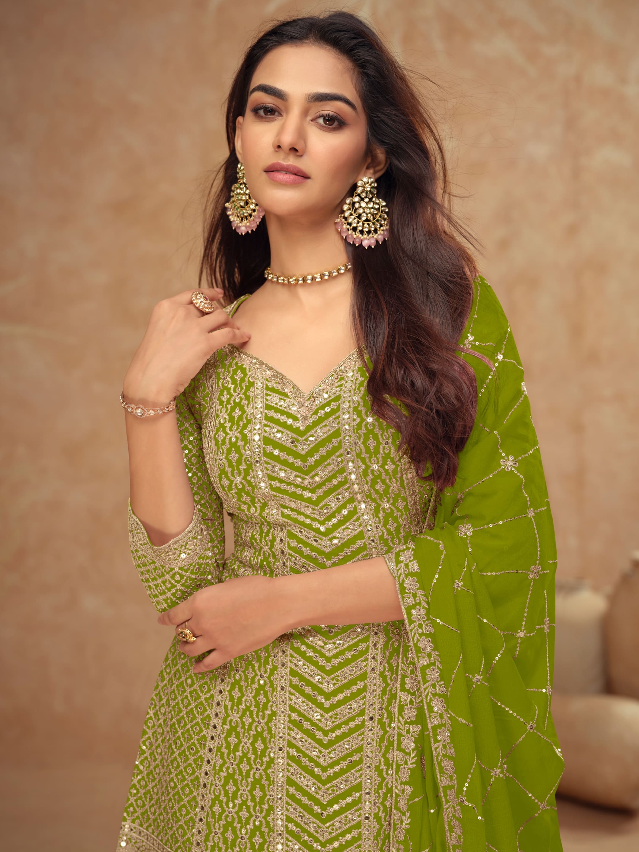 Real Chinon Embroidered Palazzo Suit with Dupatta