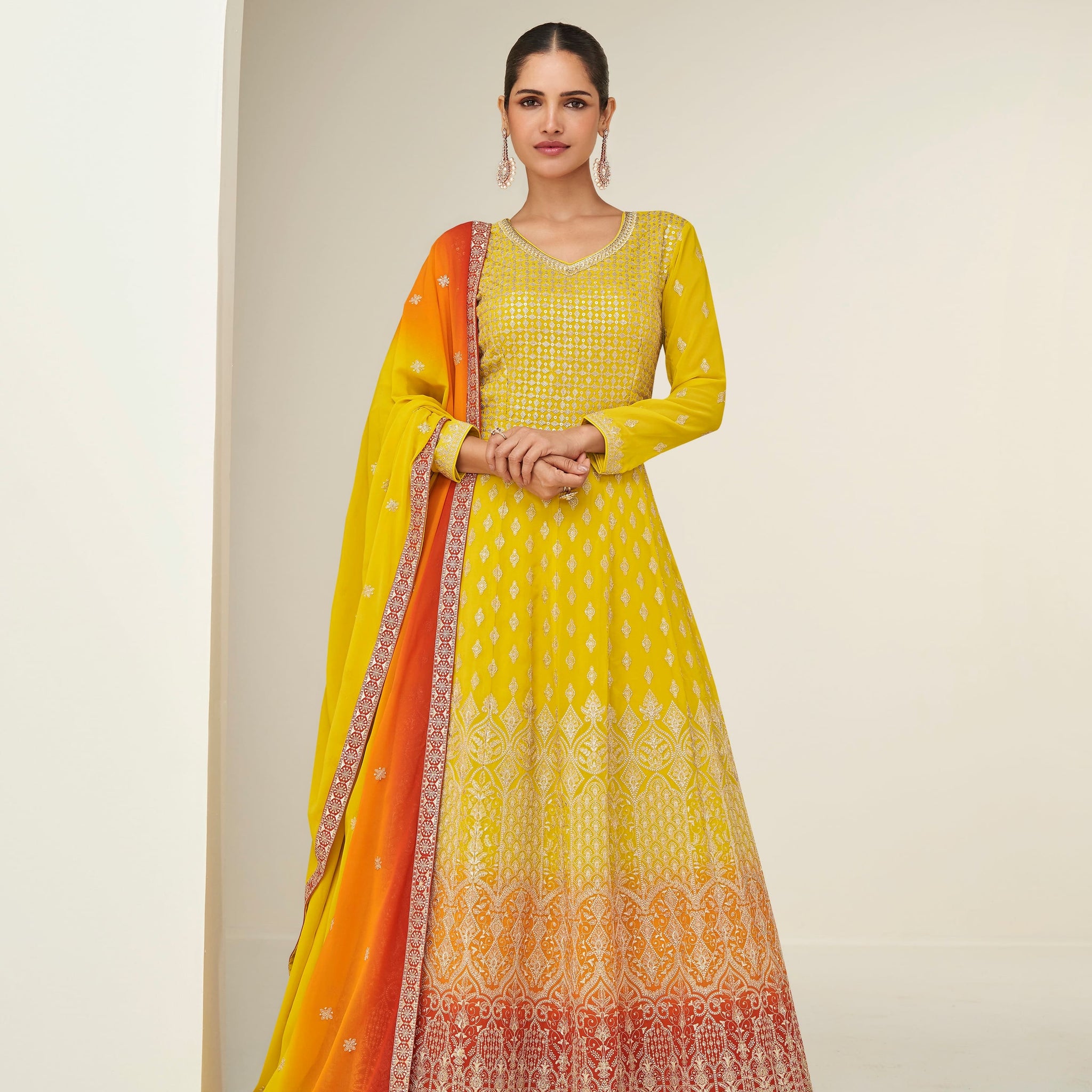 Yellow Ombre Georgette Embroidered Anarkali Suit with Dupatta
