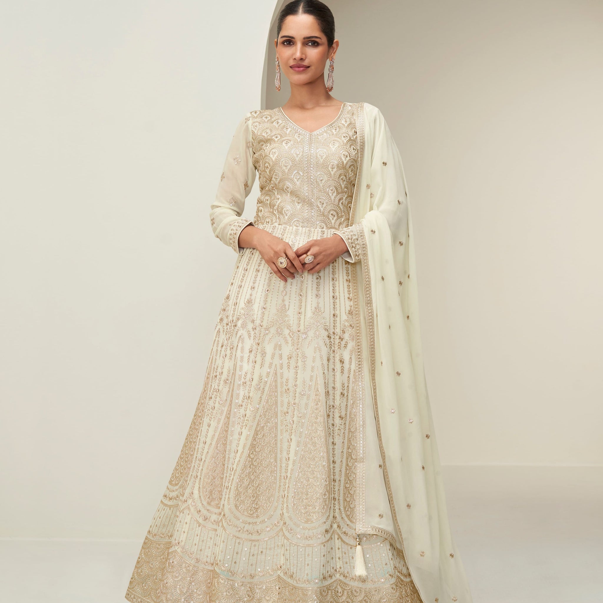 Cream Georgette Embroidered Anarkali Suit with Dupatta