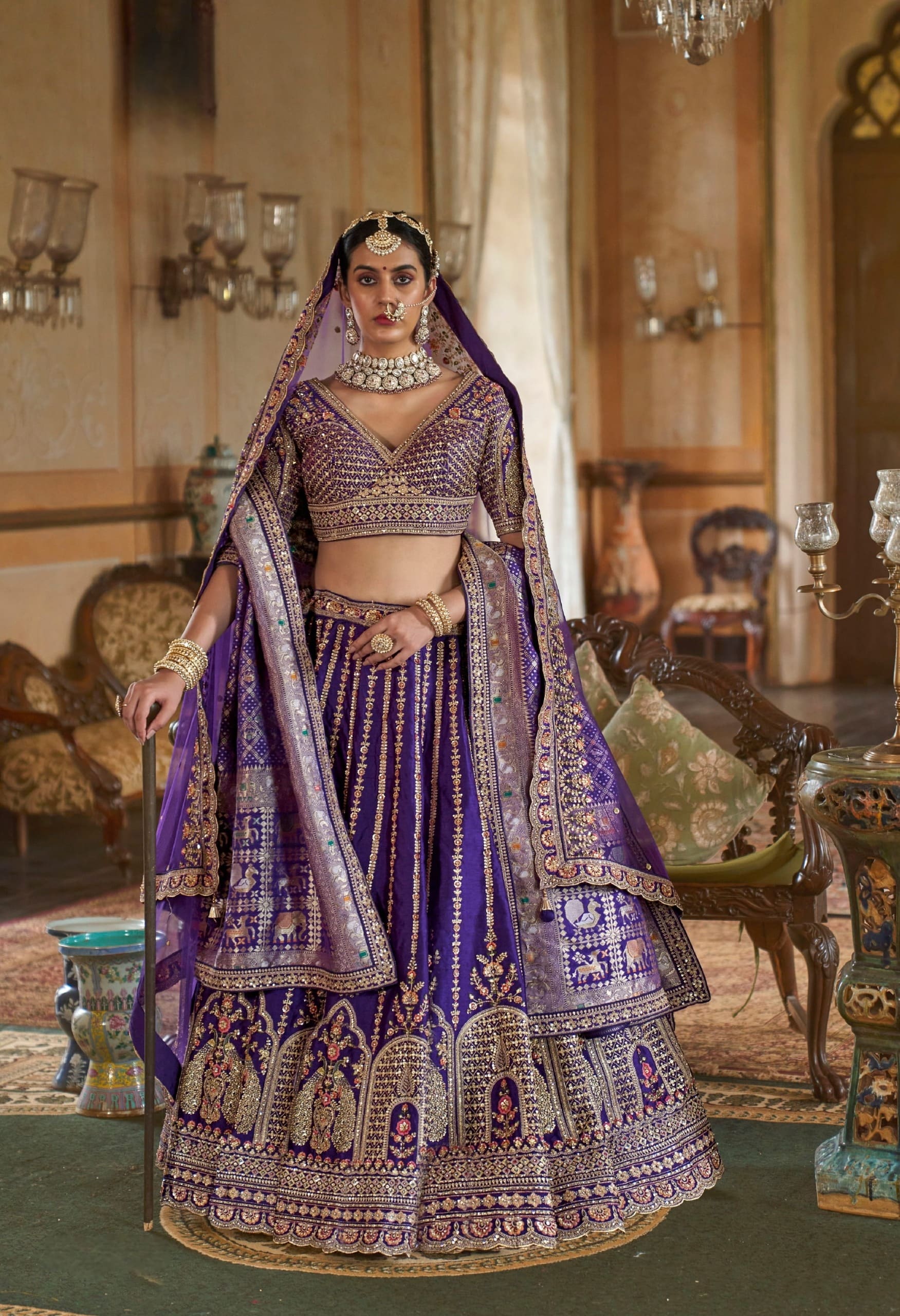 Bridal purple lehenga choli with Banarasi dupatta for weddings