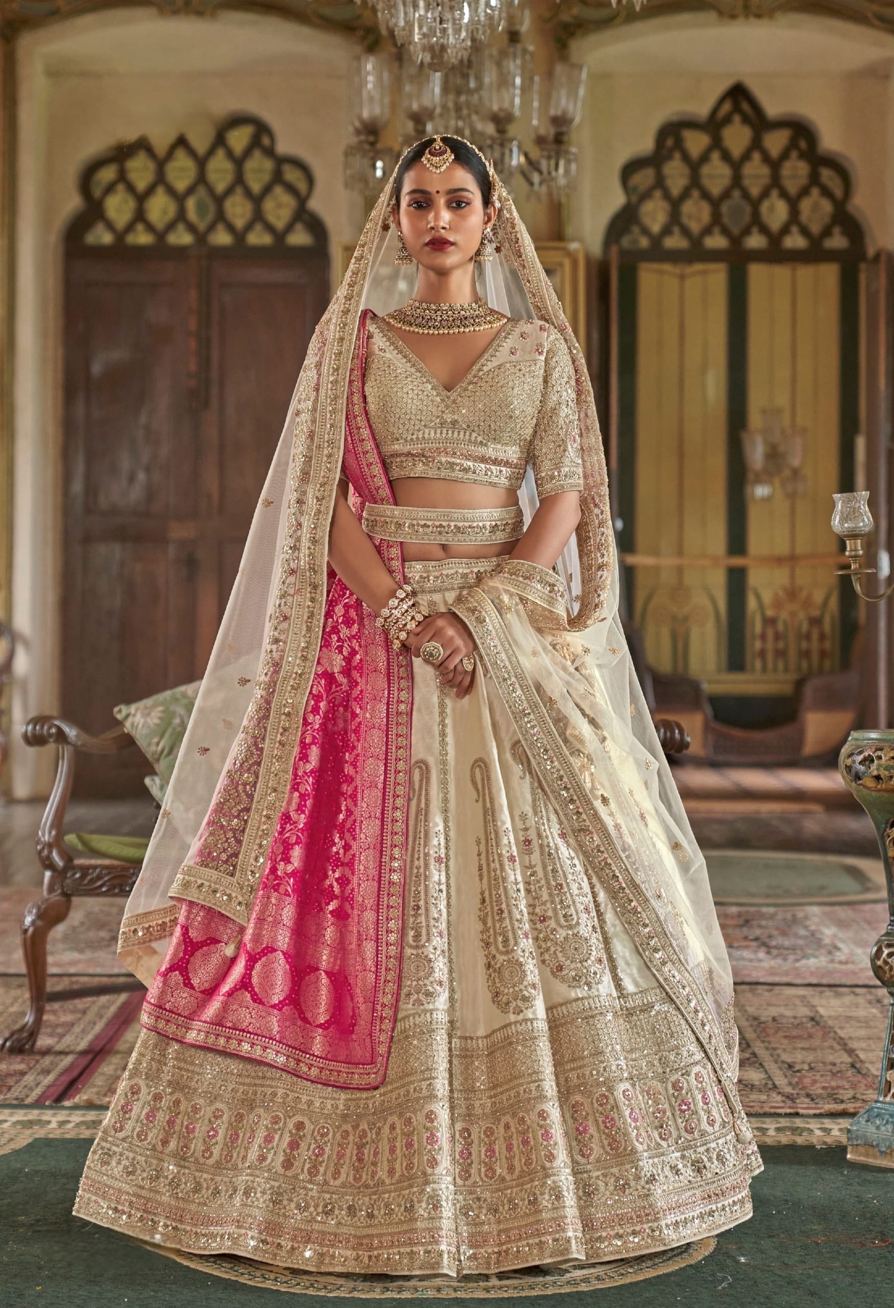 Cream Silk Bridal Lehenga with Pink Banarasi Dupatta for Wedding 