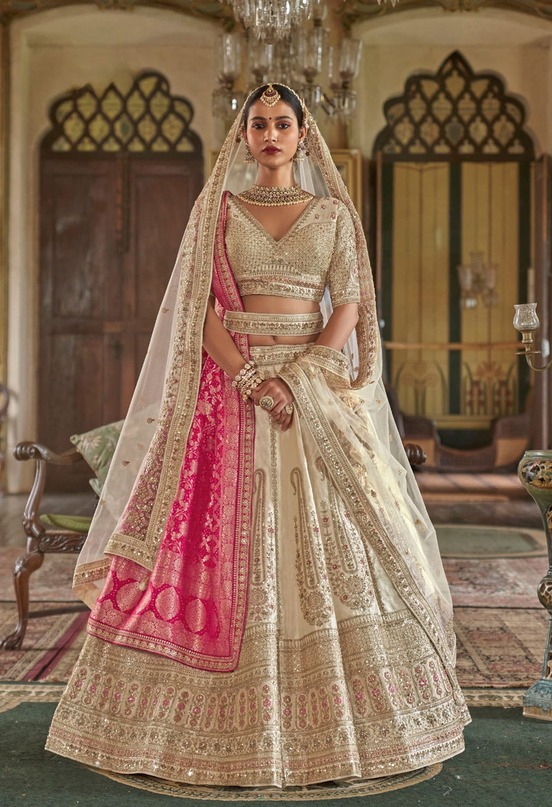 Cream Silk Bridal Lehenga with Pink Banarasi Dupatta for Wedding 