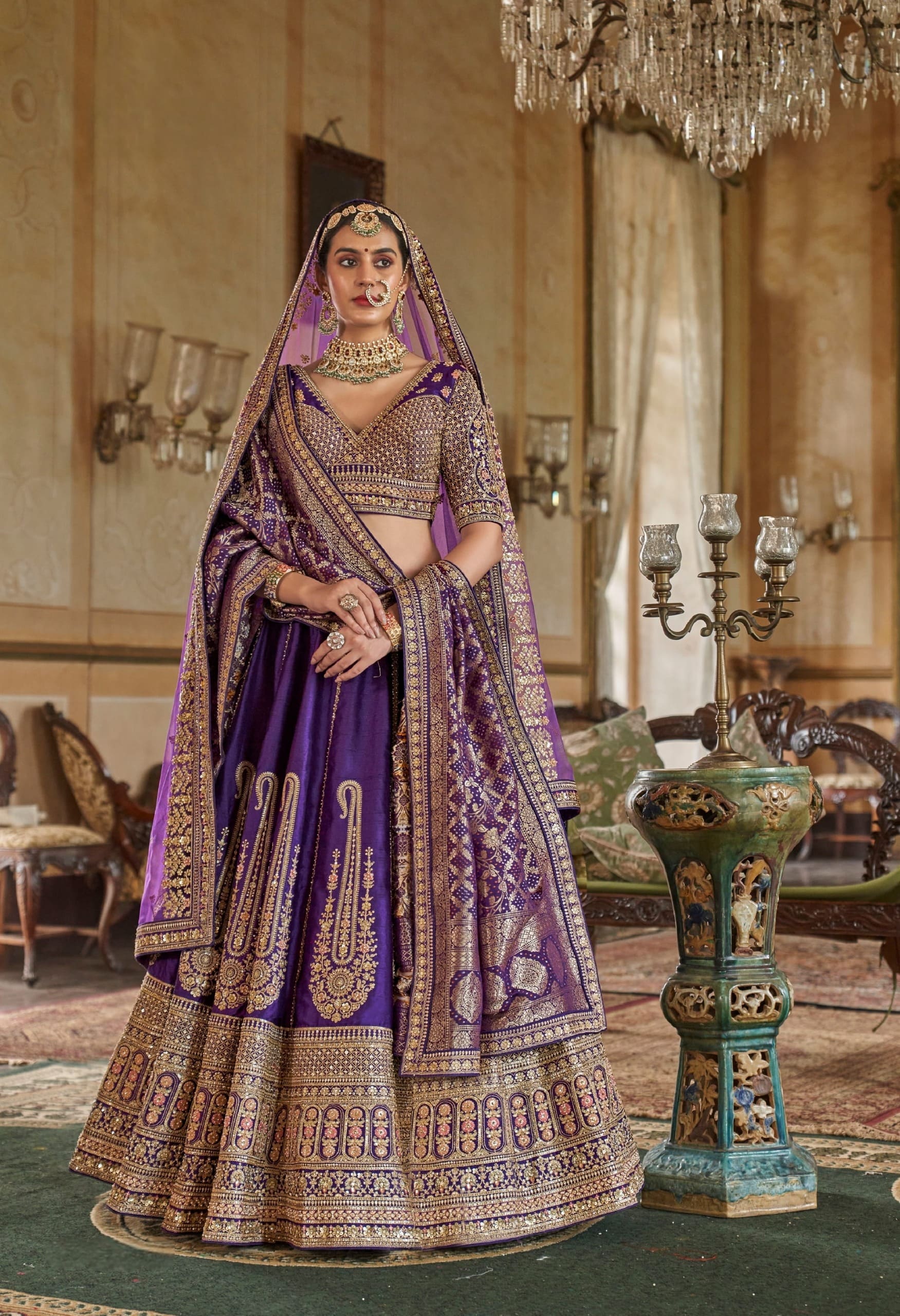 Purple bridal lehenga with double dupatta for wedding 