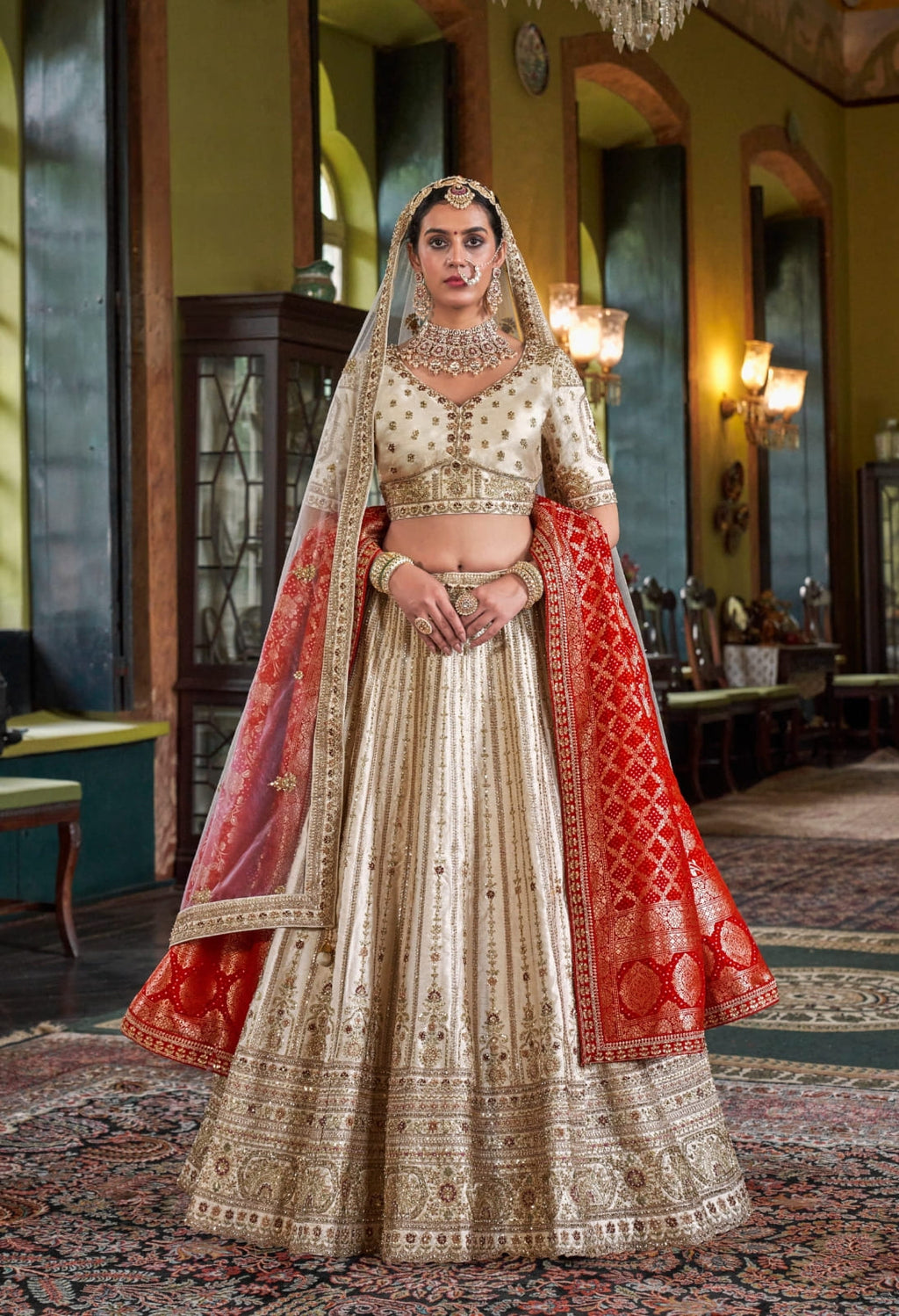 White Bridal Lehenga with Red Dupatta and Heavy Embroidery | Buy Online at Anant Exports White Bridal Lehenga with Red Dupatta and Heavy Embroidery | Buy Online at Anant Exports