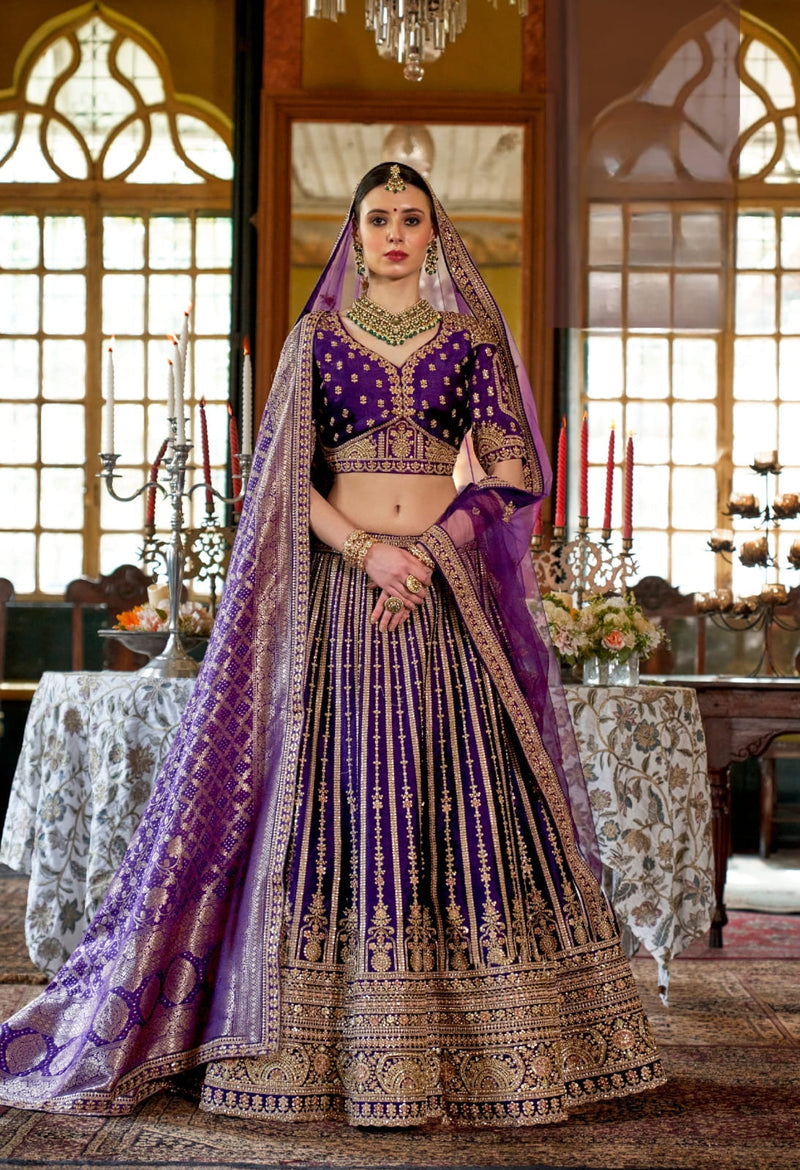 Designer purple bridal lehenga with Banarasi dupatta