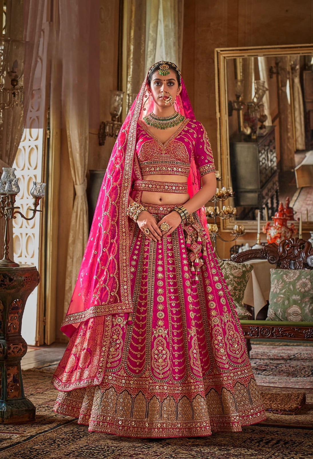 Pink Bridal Lehenga with Zari Embroidery &amp; Dual Dupatta