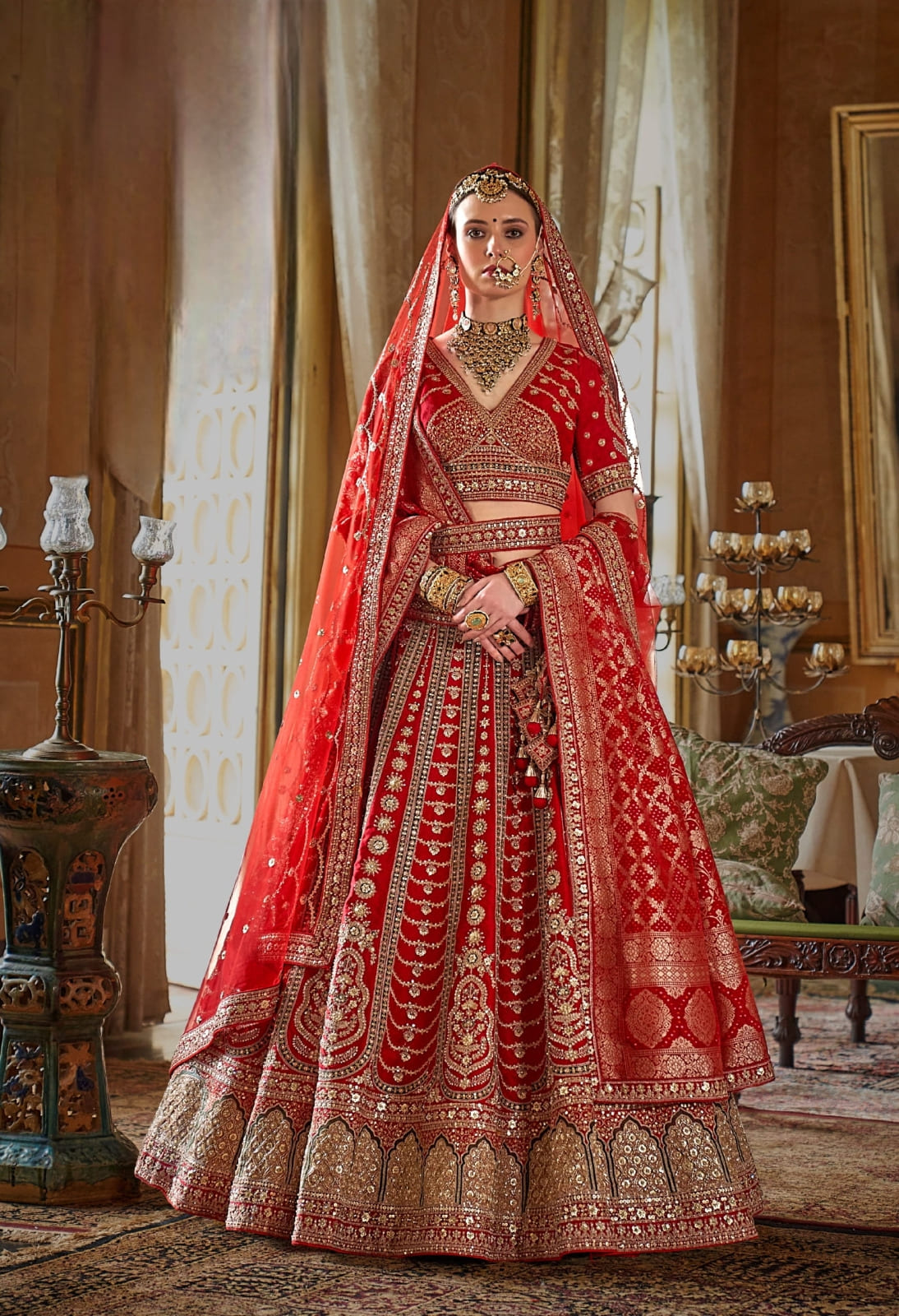 Red Bridal Lehenga with Heavy Zari Embroidery &amp; Banarasi Dupatta