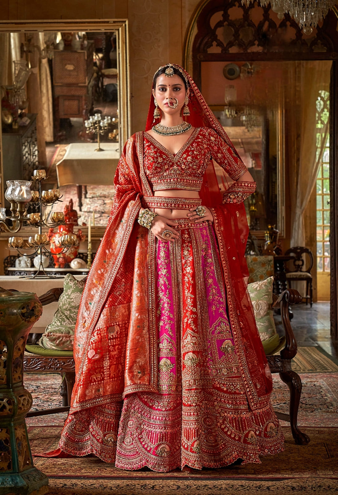 Red &amp; Pink Bridal Silk Lehenga with Heavy Zari Embroidery