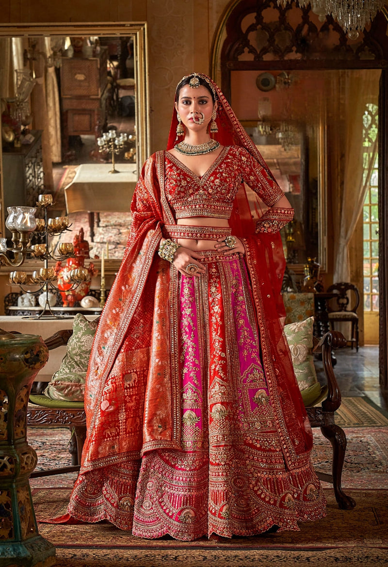Red & Pink Bridal Silk Lehenga with Heavy Zari Embroidery