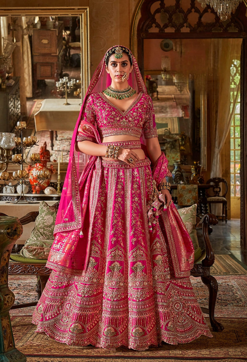 Pink Silk Bridal Lehenga with Hand Embroidery