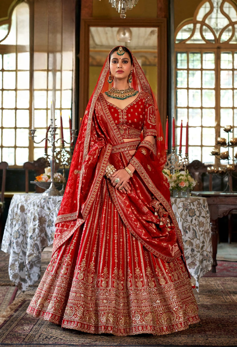 Red Silk Bridal Lehenga with Double Dupatta & Hand Embroidery