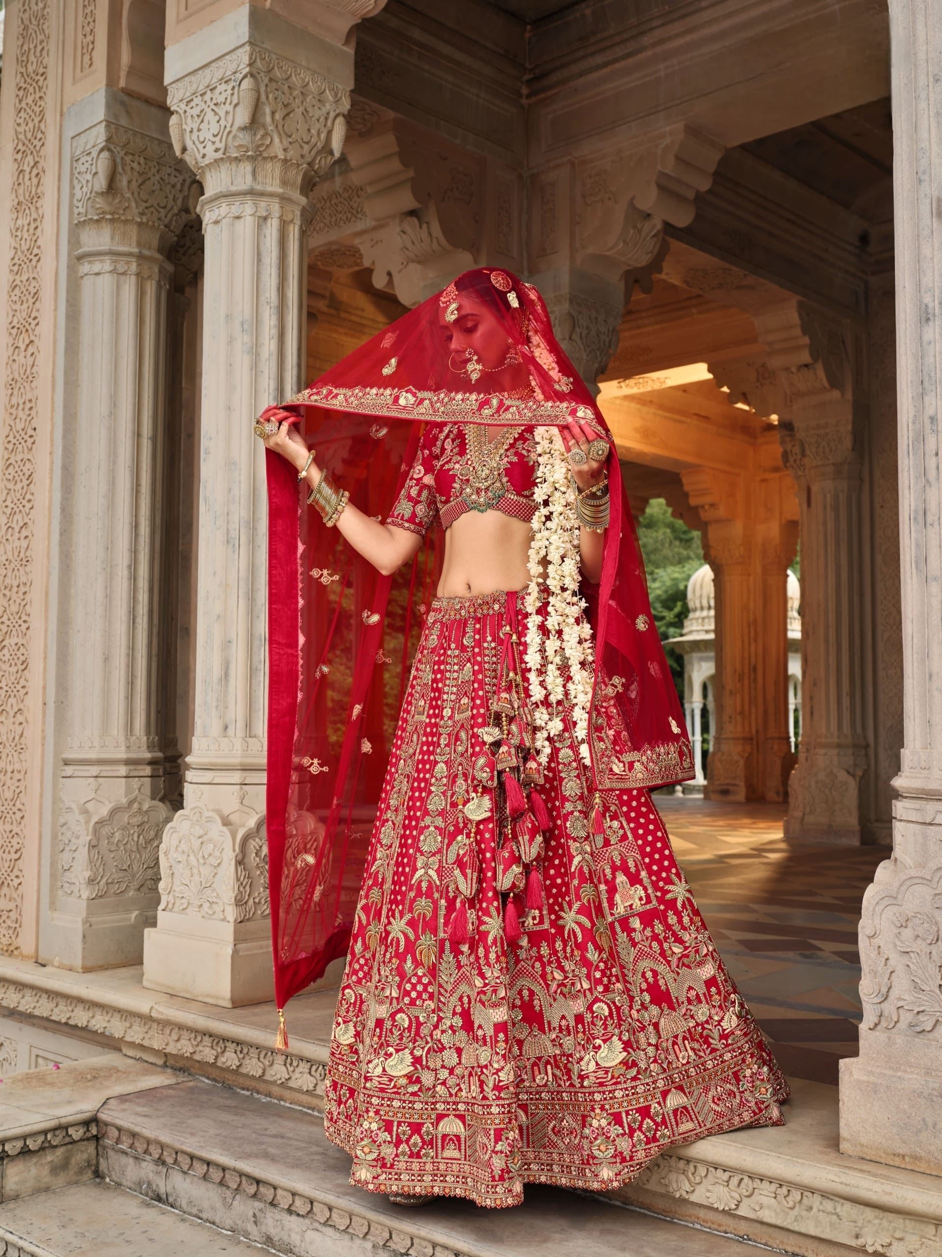 Traditional Red Wedding Lehenga with Elephant and Peacock Embroidery