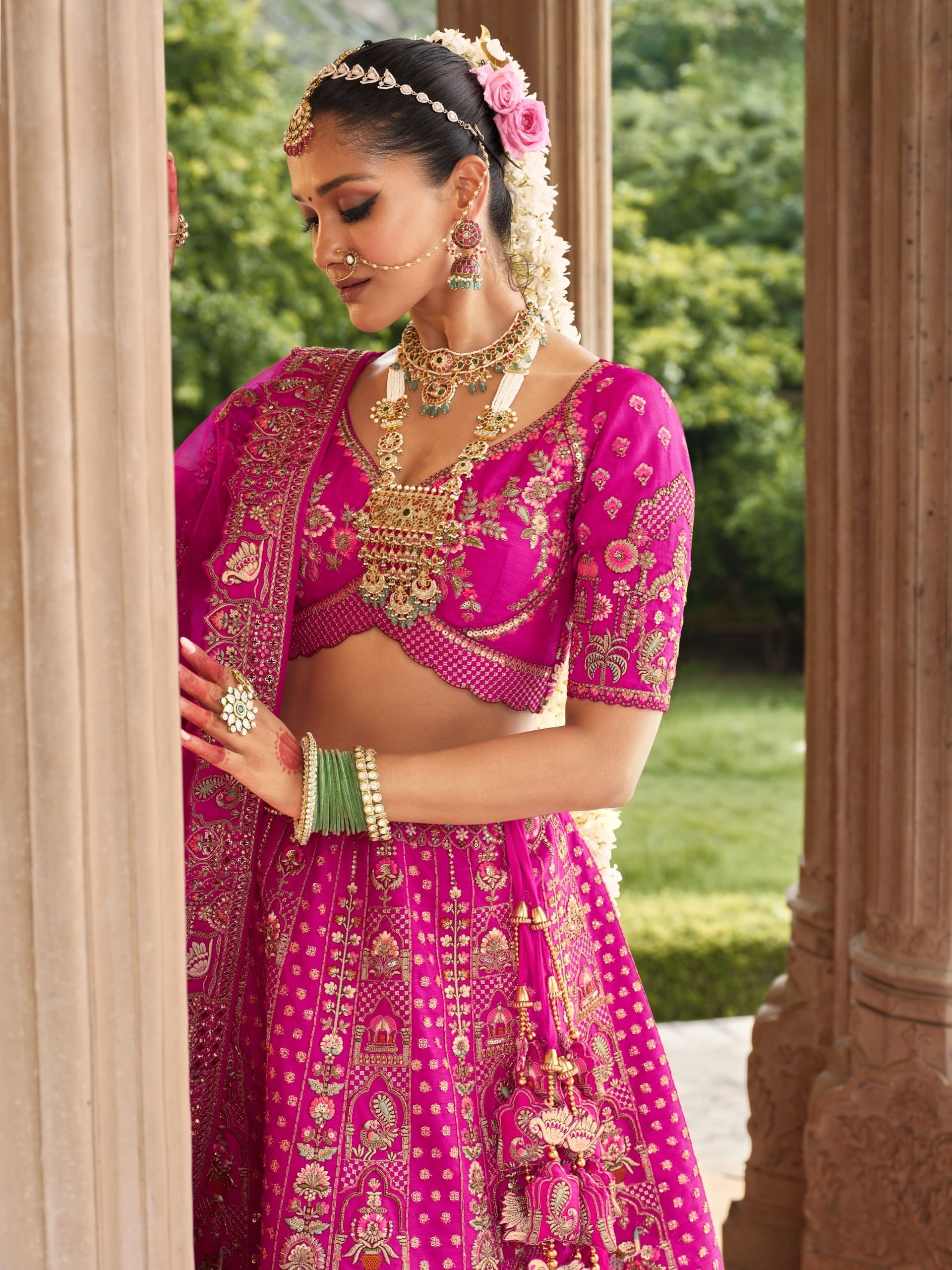 Embroidered Pink Lehenga with Net Dupatta for Indian Bride
