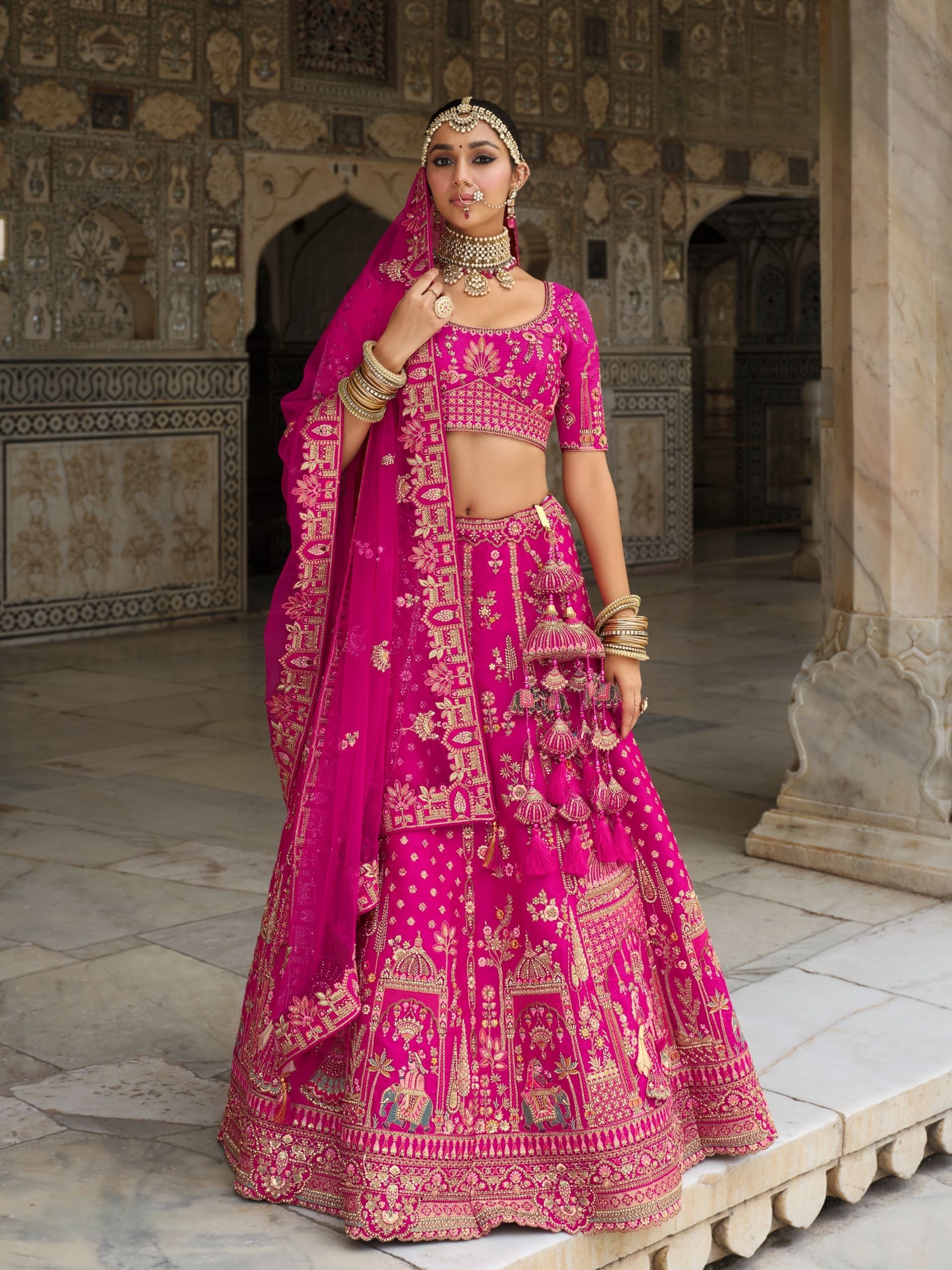 Hot Pink Bridal Lehenga with Tassel and Embroidery Work