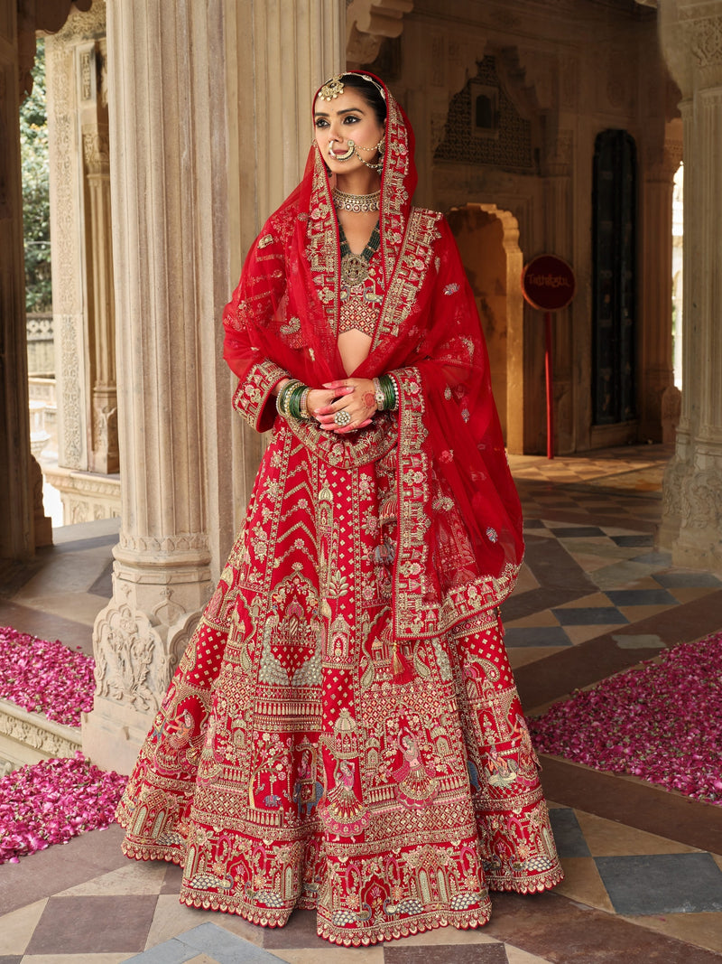 Red Bridal Silk Lehenga with Zari and Resham Embroidery