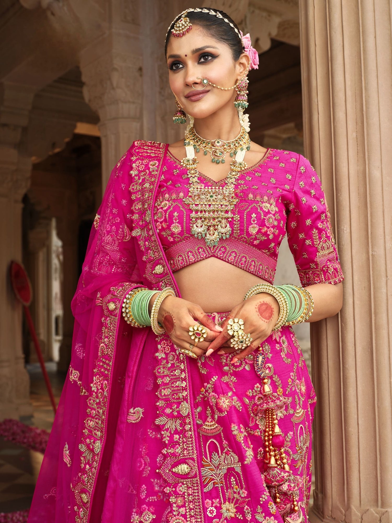 Pink Bridal Lehenga Choli with Golden Zari &amp; Net Dupatta
