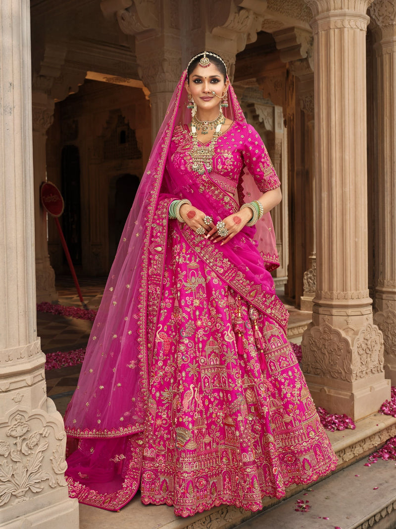 Fuchsia Pink Bridal Silk Lehenga with Heavy Khatli Embroidery