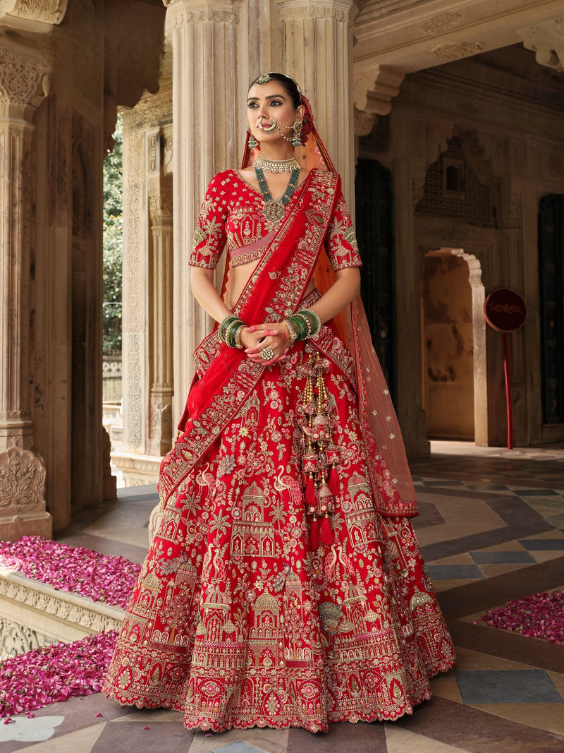 Traditional Red Bridal Lehenga with Intricate Khatli Embroidery Work