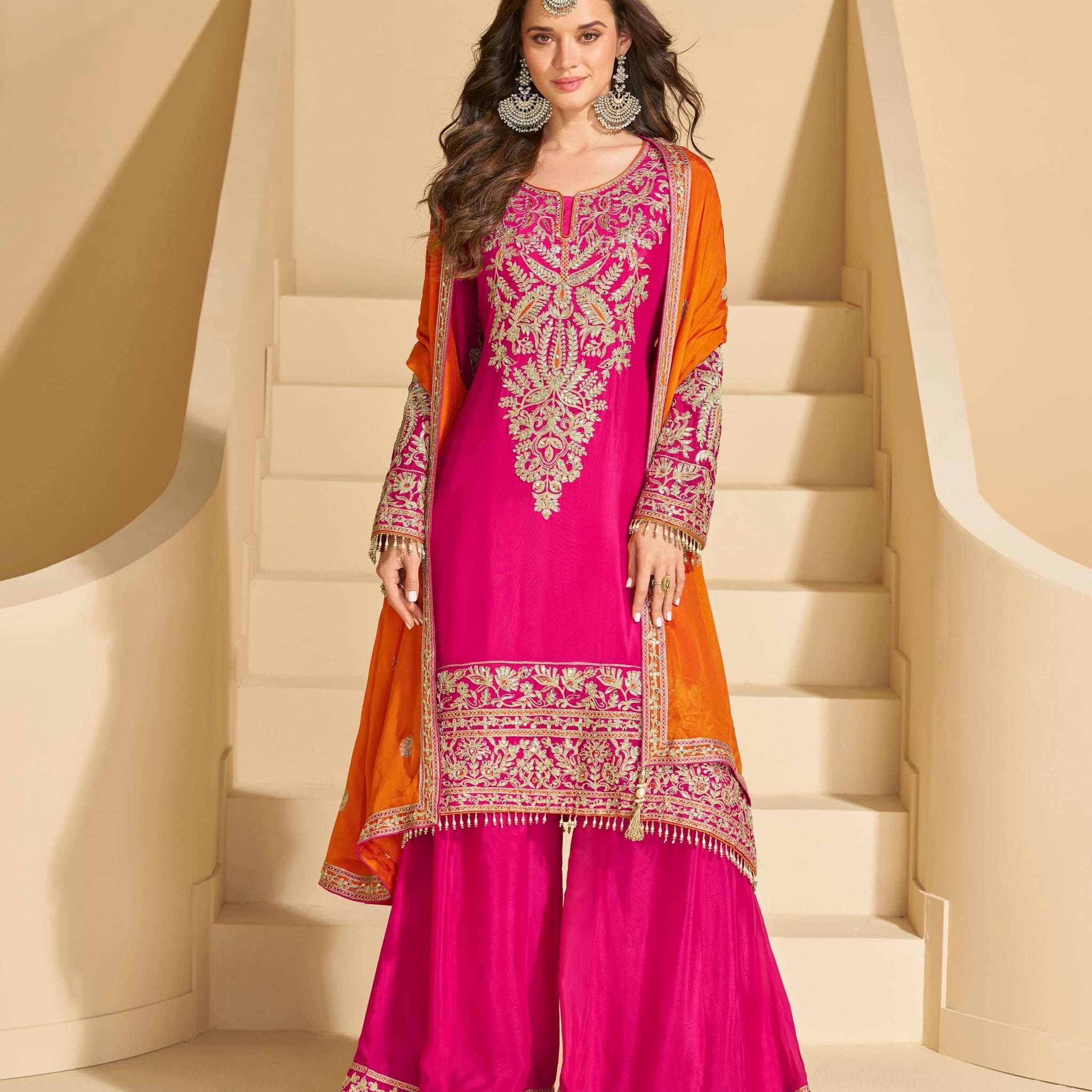 Fuchsia Pink Chinon Silk Sharara Suit with Mirror Work Embroidery