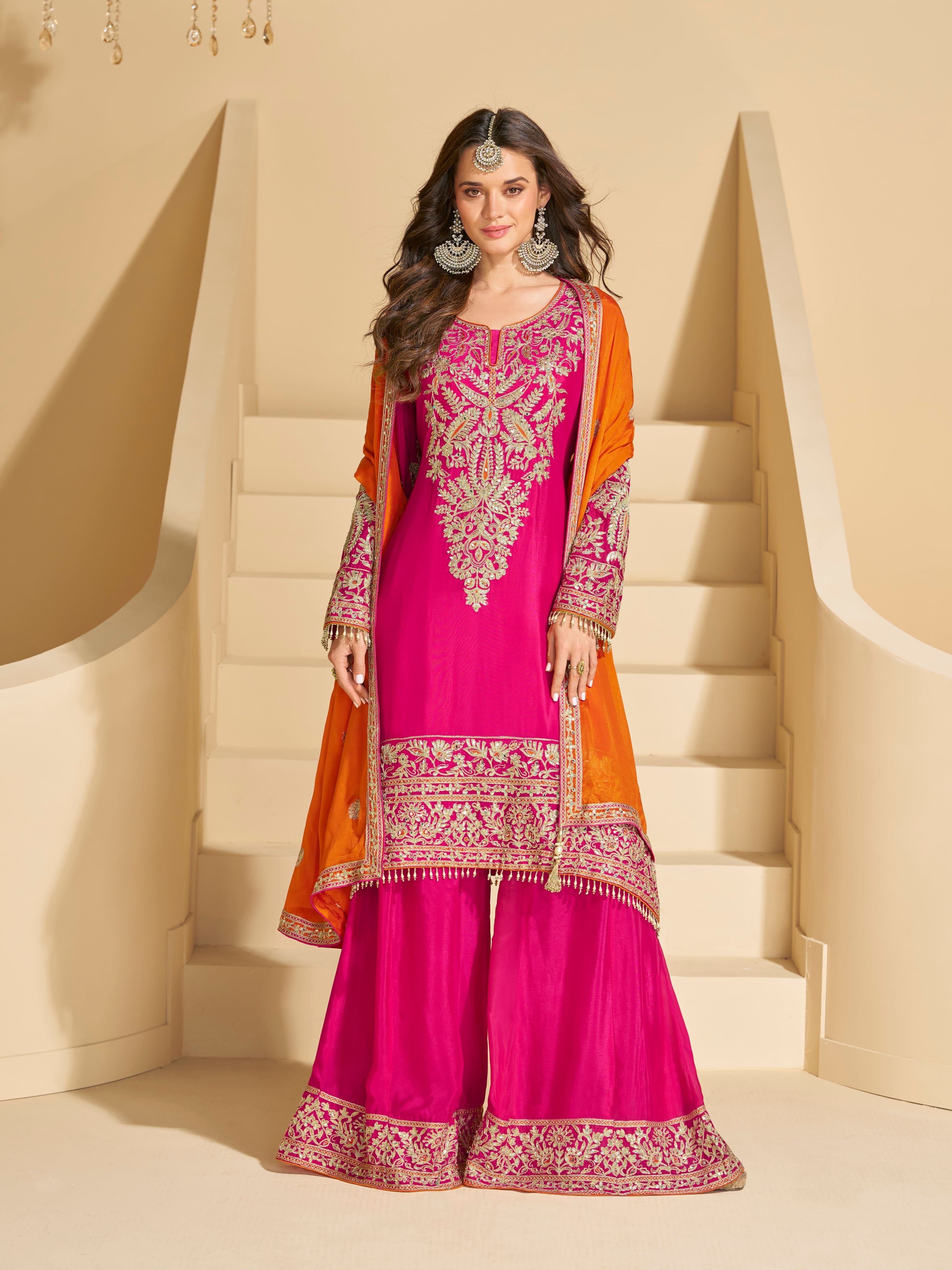 Fuchsia Pink Chinon Silk Sharara Suit with Mirror Work Embroidery