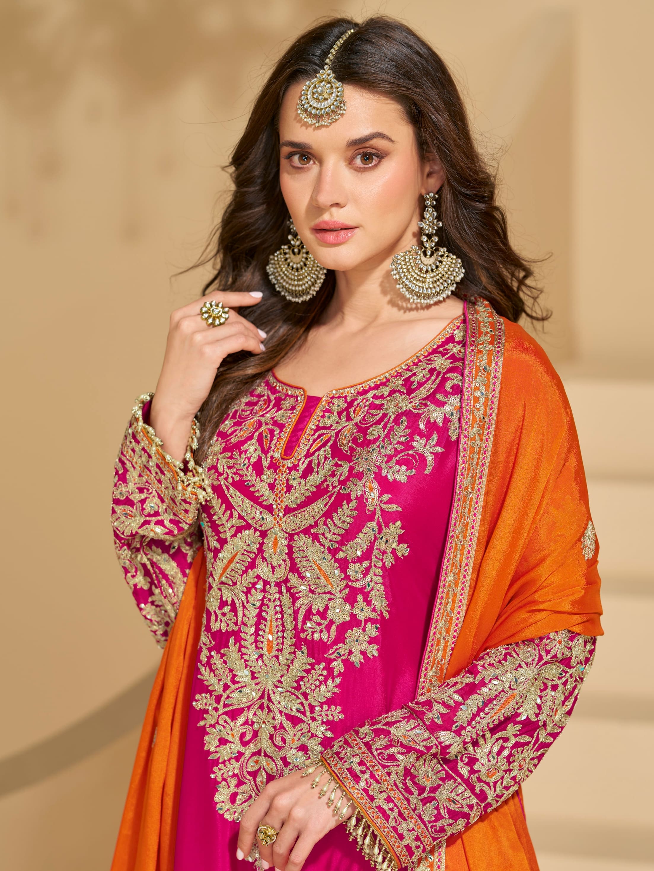 Fuchsia Pink Chinon Silk Sharara Suit with Mirror Work Embroidery