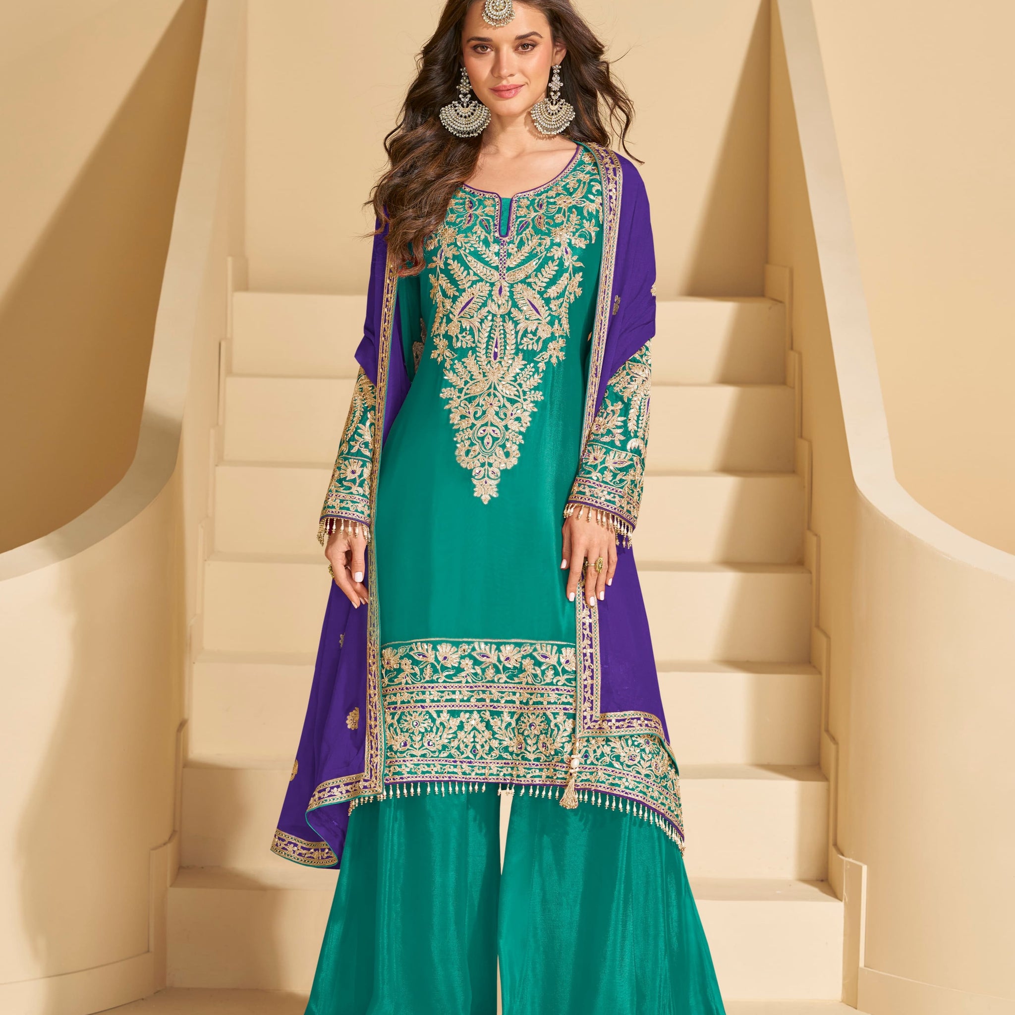 Emerald Green & Purple Chinon Silk Sharara Suit