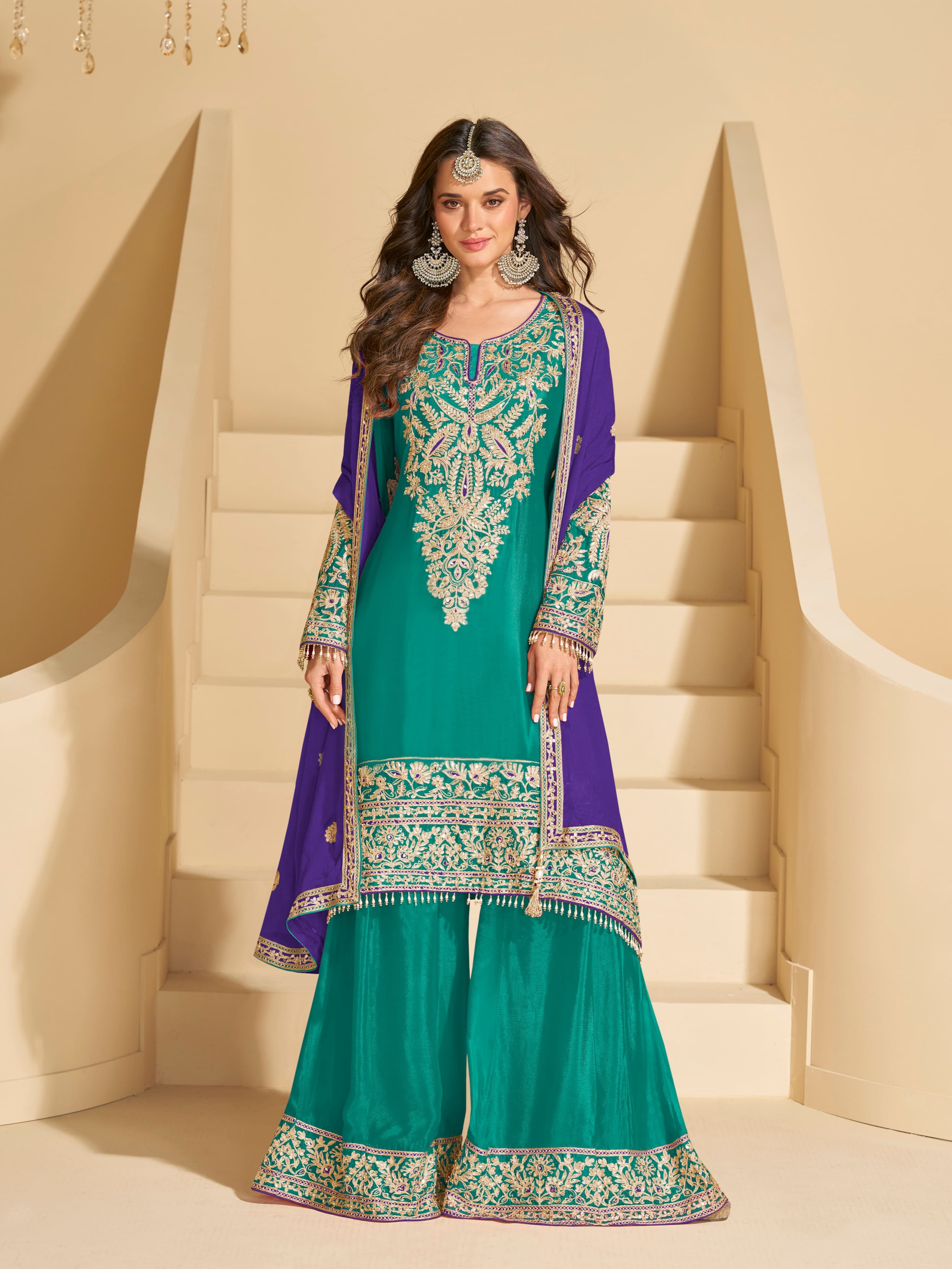 Emerald Green &amp; Purple Chinon Silk Sharara Suit