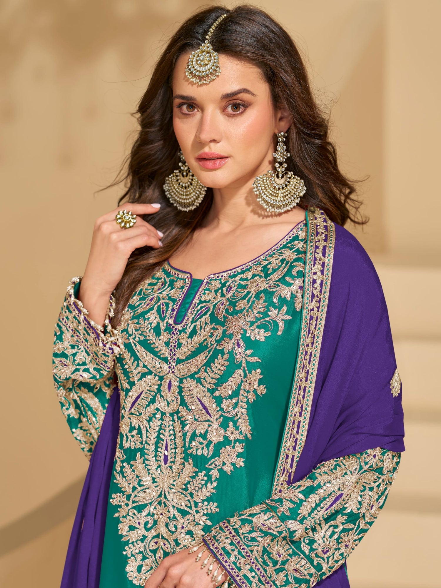 Emerald Green &amp; Purple Chinon Silk Sharara Suit