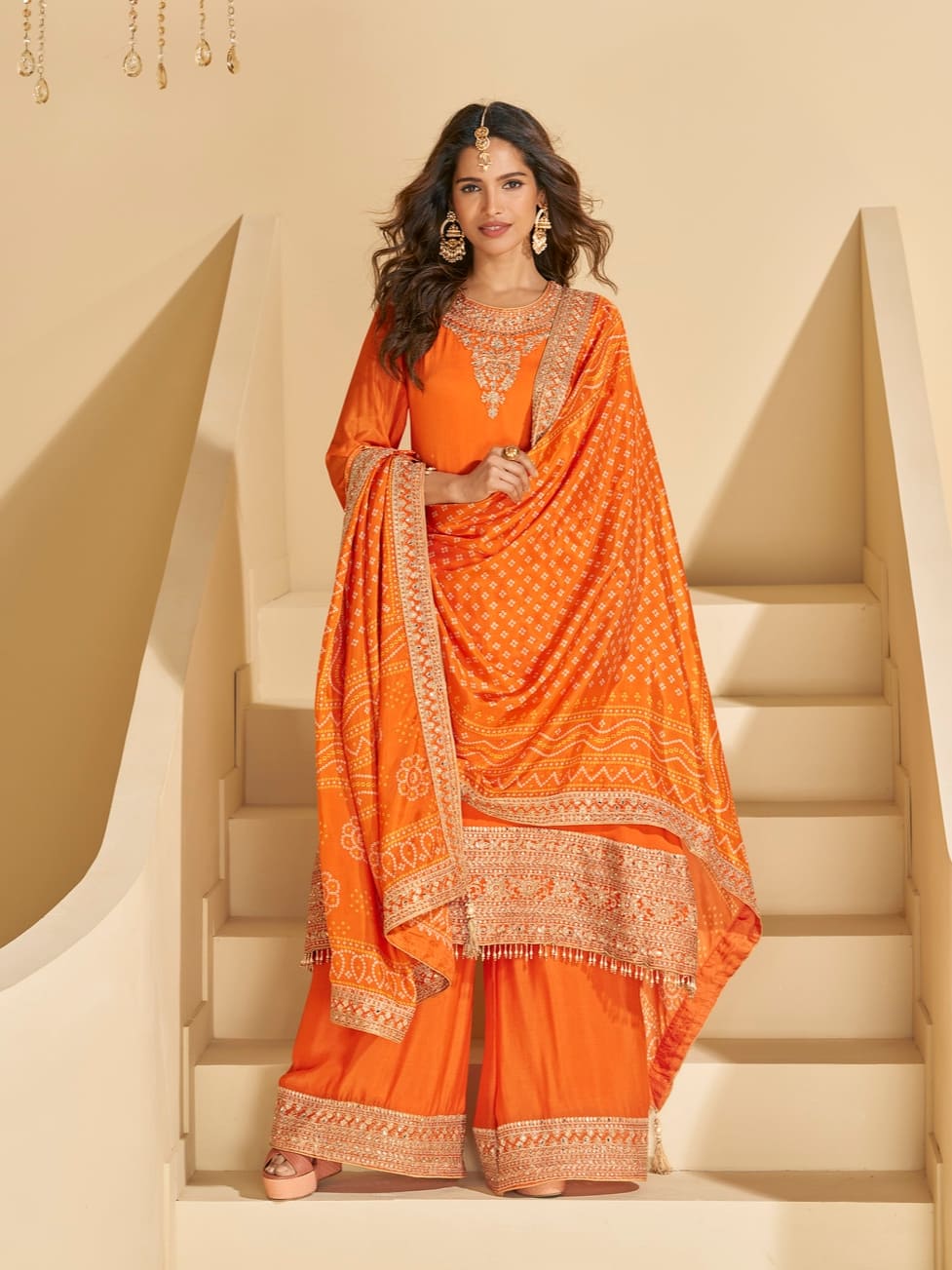 Orange Chinon Silk Sharara Suit with Embroidered Dupatta