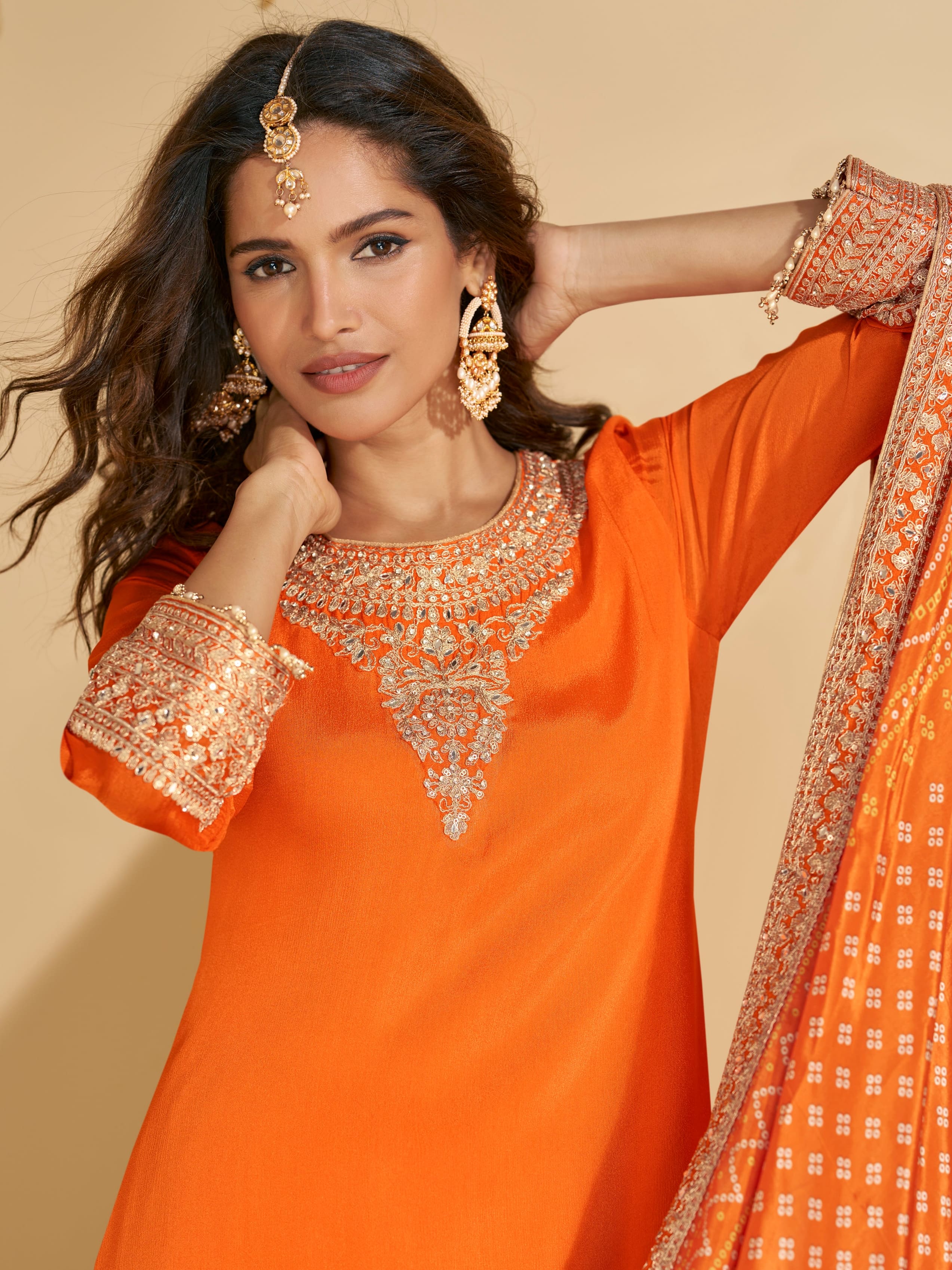 Orange Chinon Silk Sharara Suit with Embroidered Dupatta
