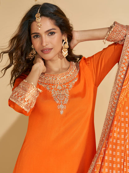 Orange Chinon Silk Sharara Suit with Embroidered Dupatta