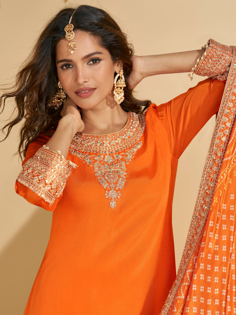 Orange Chinon Silk Sharara Suit with Embroidered Dupatta