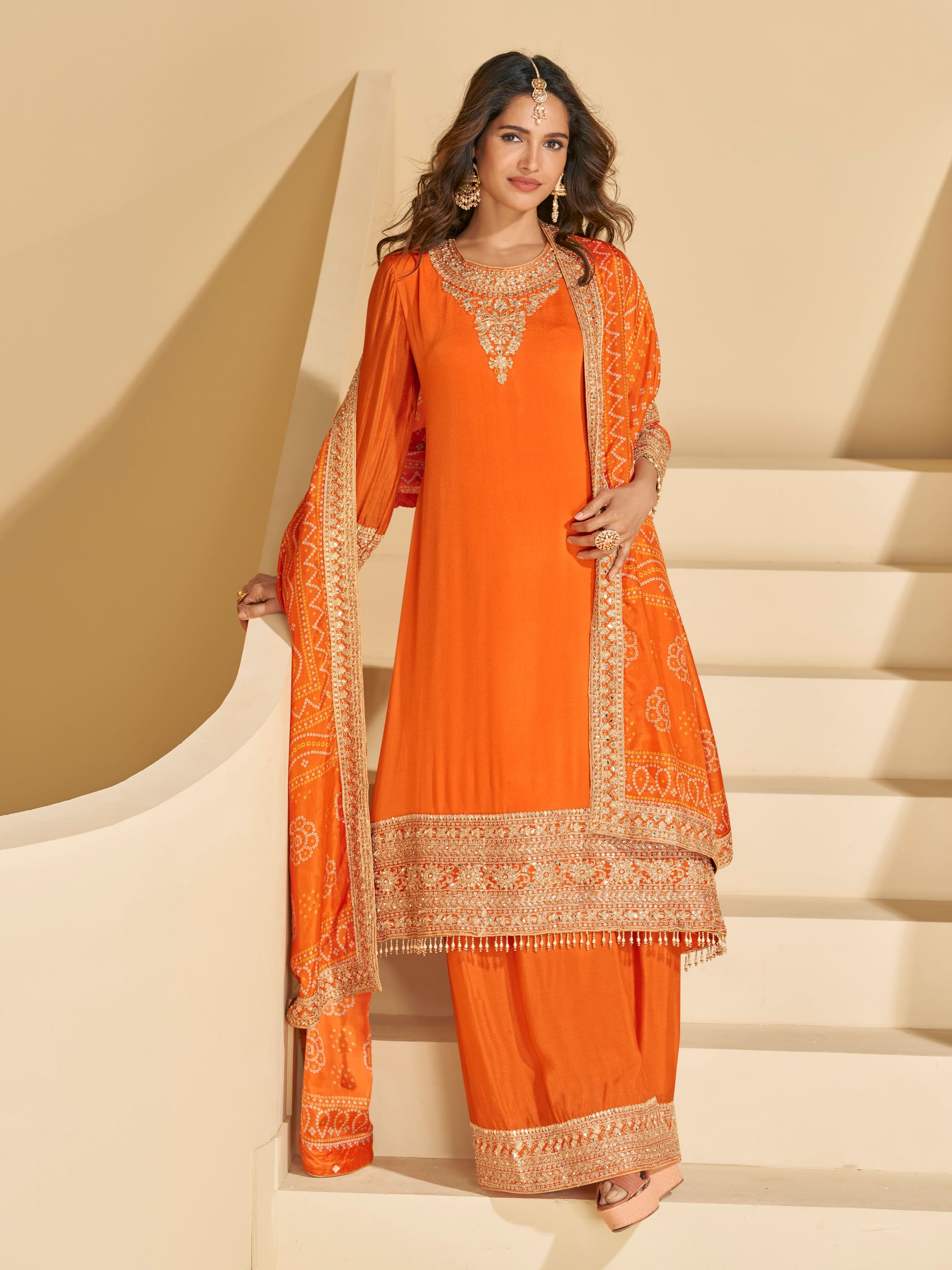 Orange Chinon Silk Sharara Suit with Embroidered Dupatta