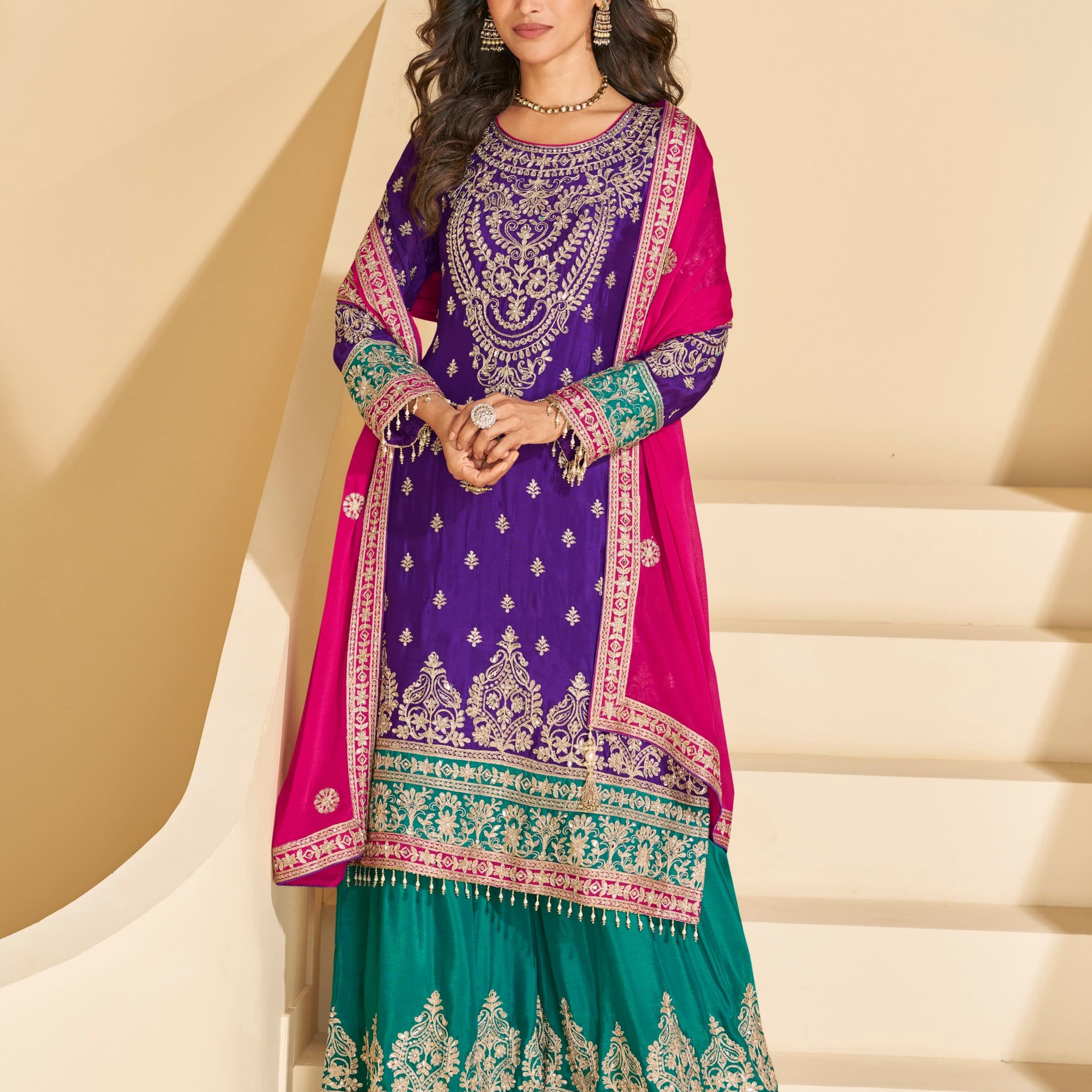 Purple & Teal Green Chinon Silk Sharara Suit
