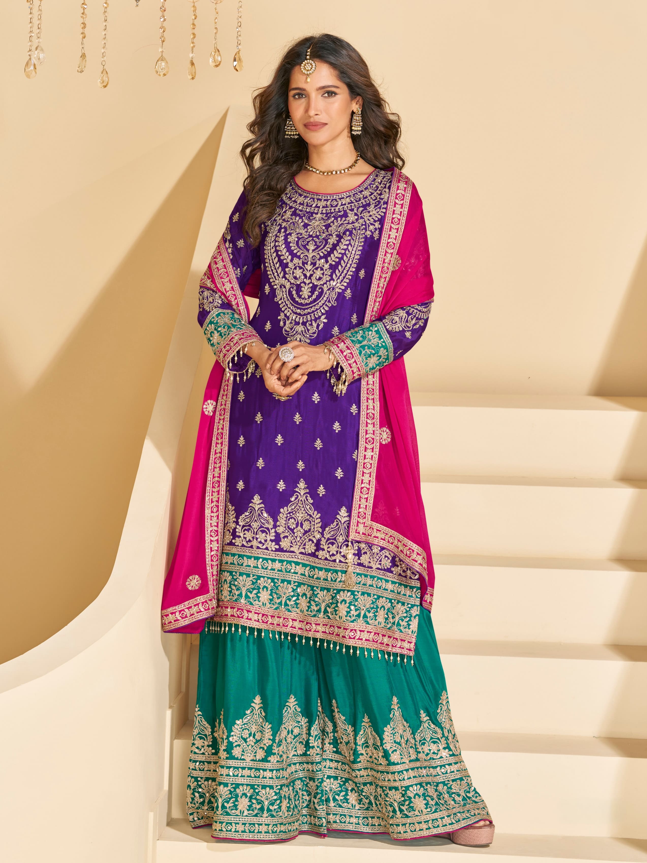 Purple & Teal Green Chinon Silk Sharara Suit