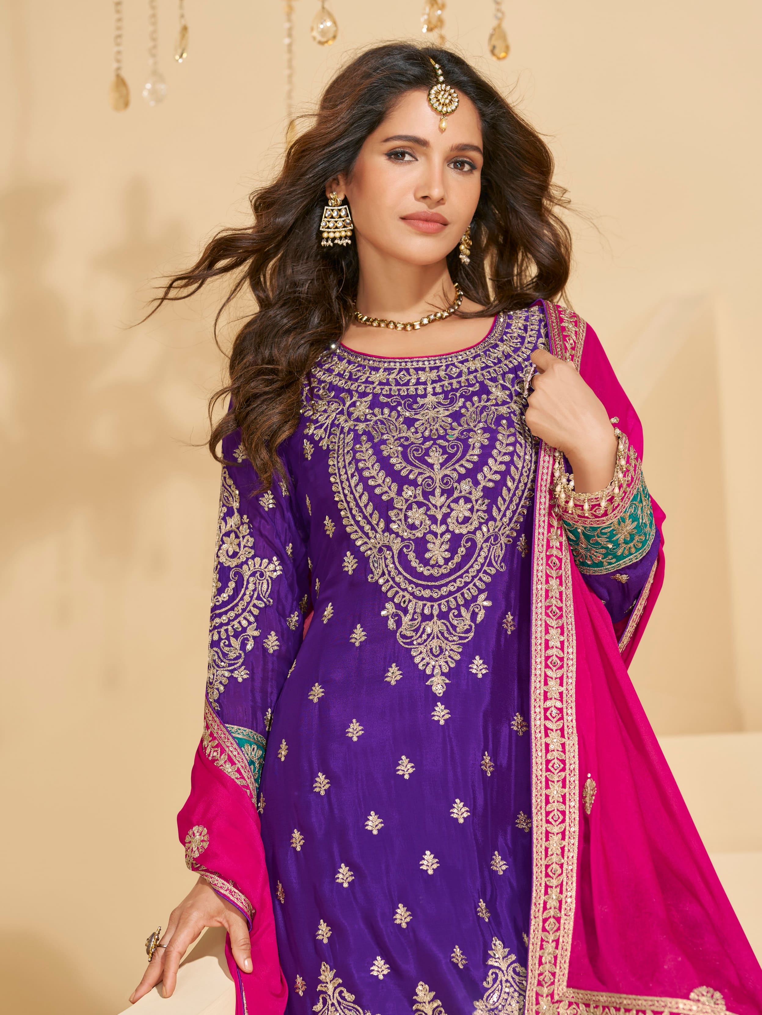 Purple &amp; Teal Green Chinon Silk Sharara Suit